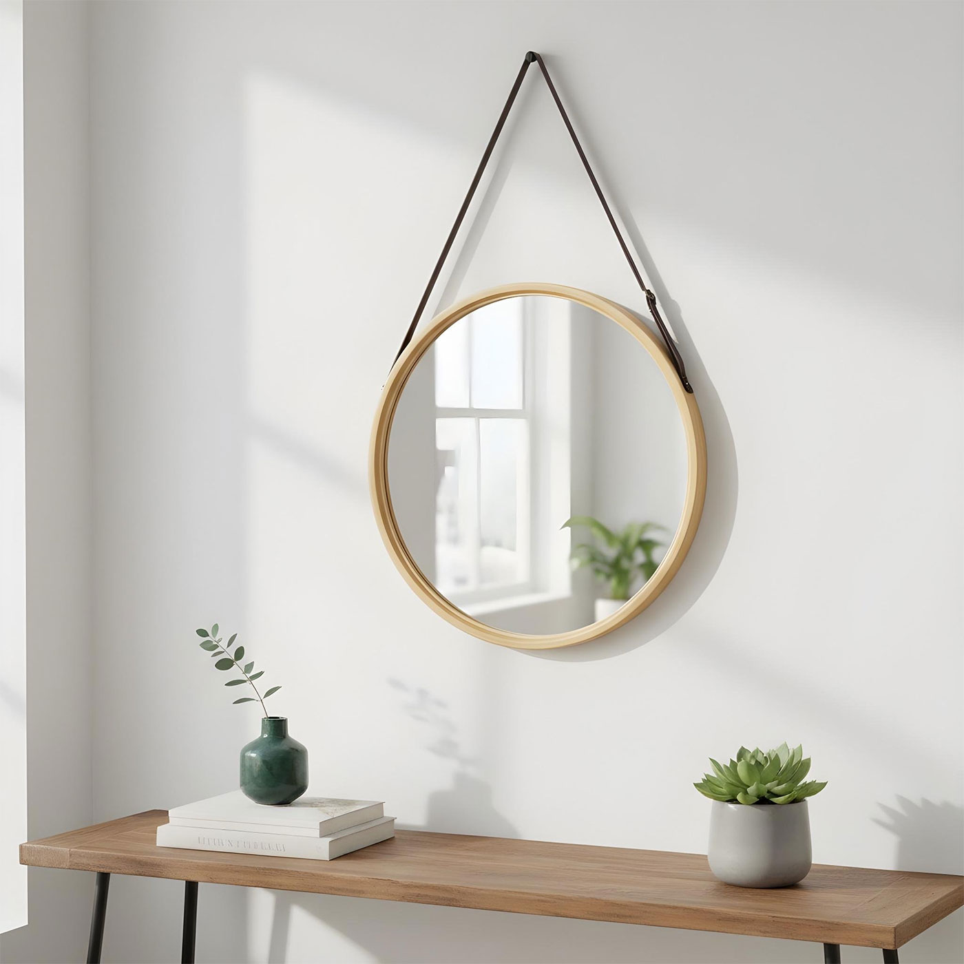 Wandspiegel 38cm Rund Bambus Holz Kunstleder Flurspiegel Wanddeko Deko Spiegel