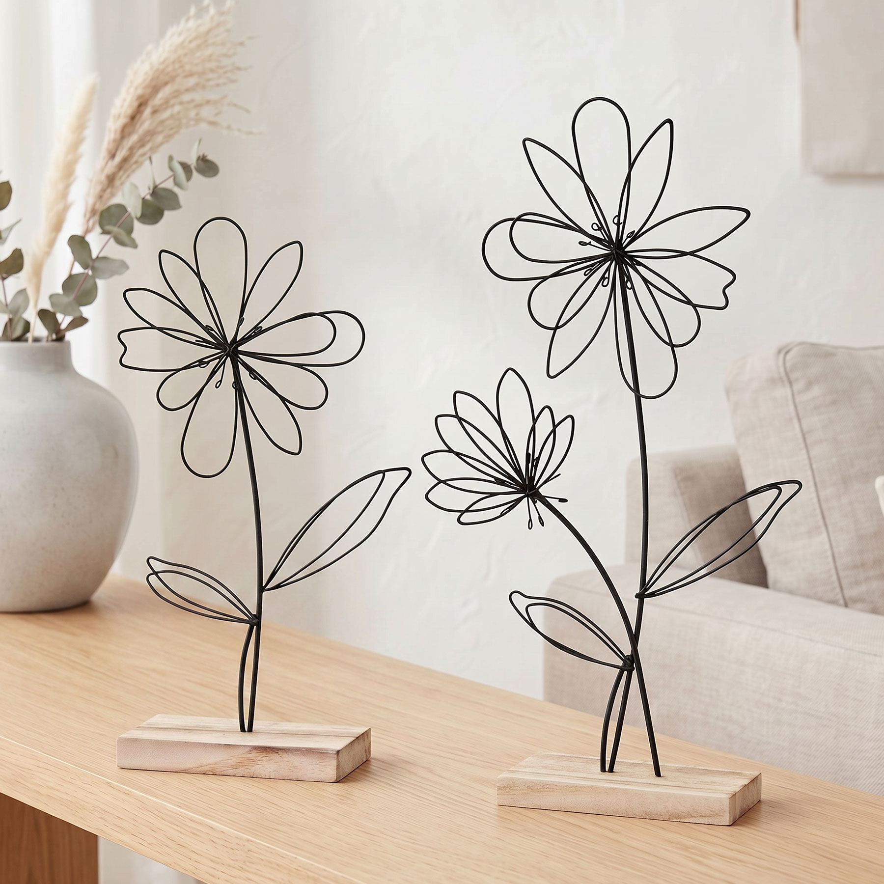 2er Set Deko Aufsteller Draht Blume Metall Holz Schwarz Natur Tischdeko Frühling