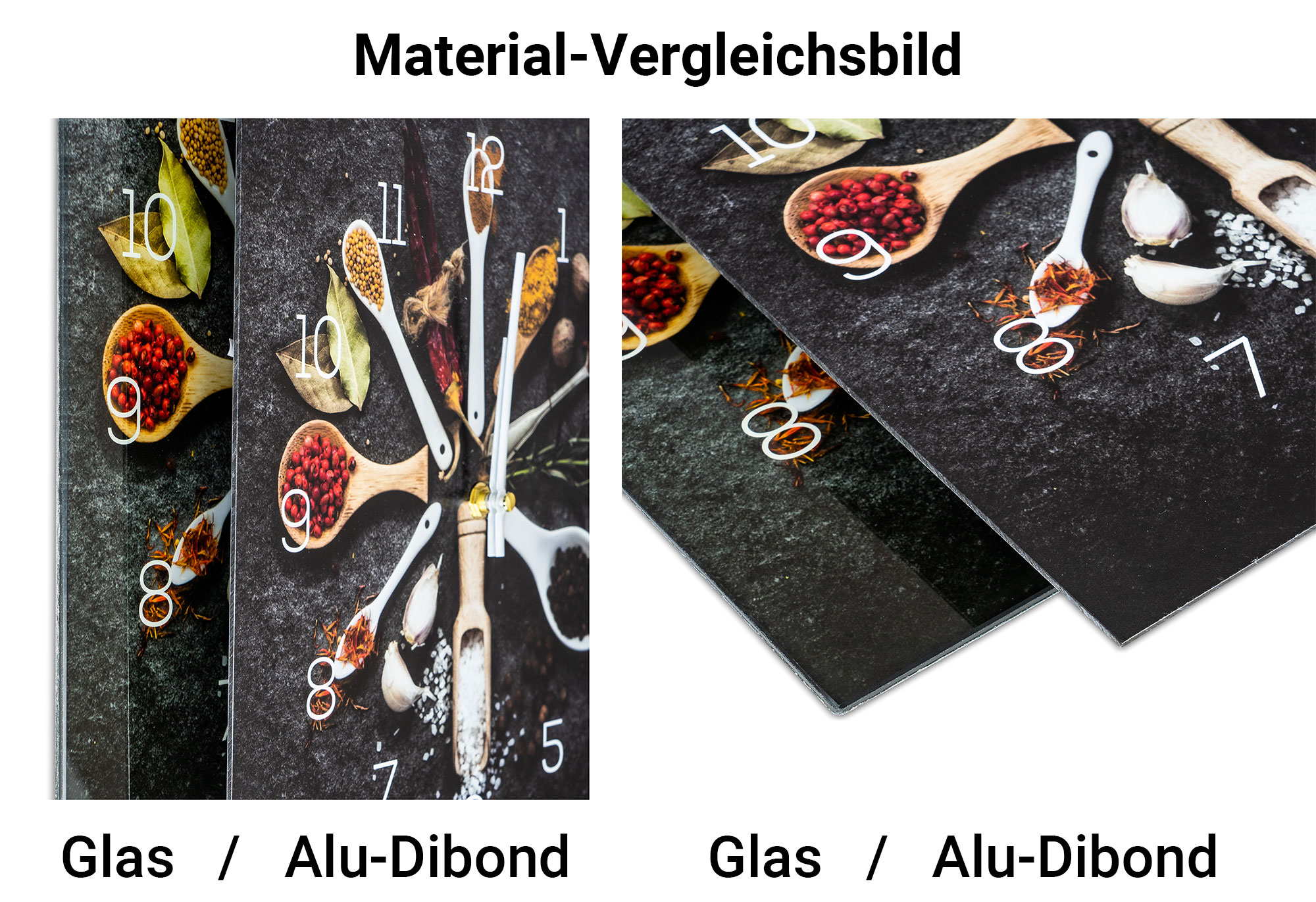 Wanduhr Alu-Dibond 30x30cm Uhr Alubild Küche Kräuter Pfanne Wanddeko Aluminium