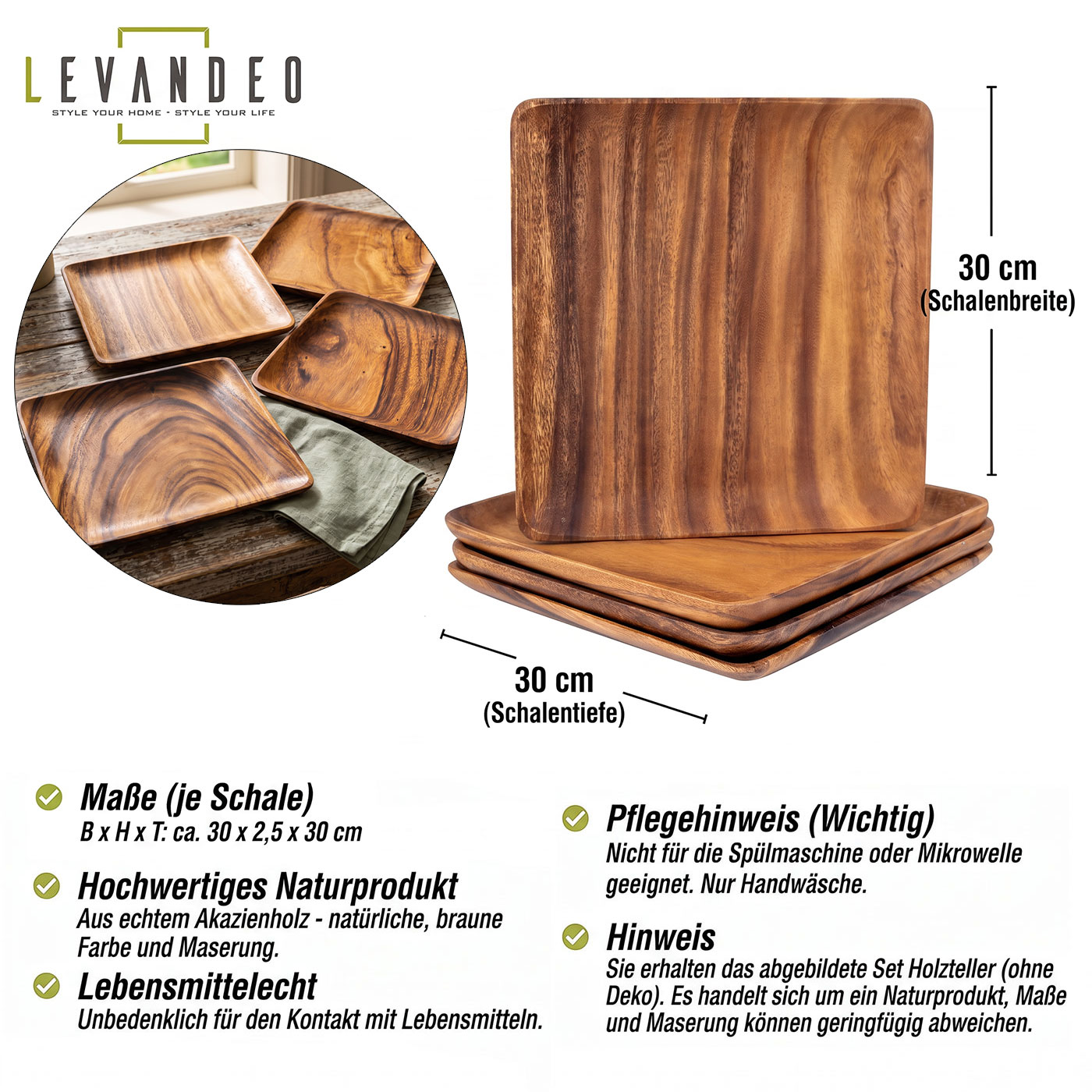4er Set Akazienholz Teller 30x30cm Holzteller Dekoschale Tischdeko Obstteller