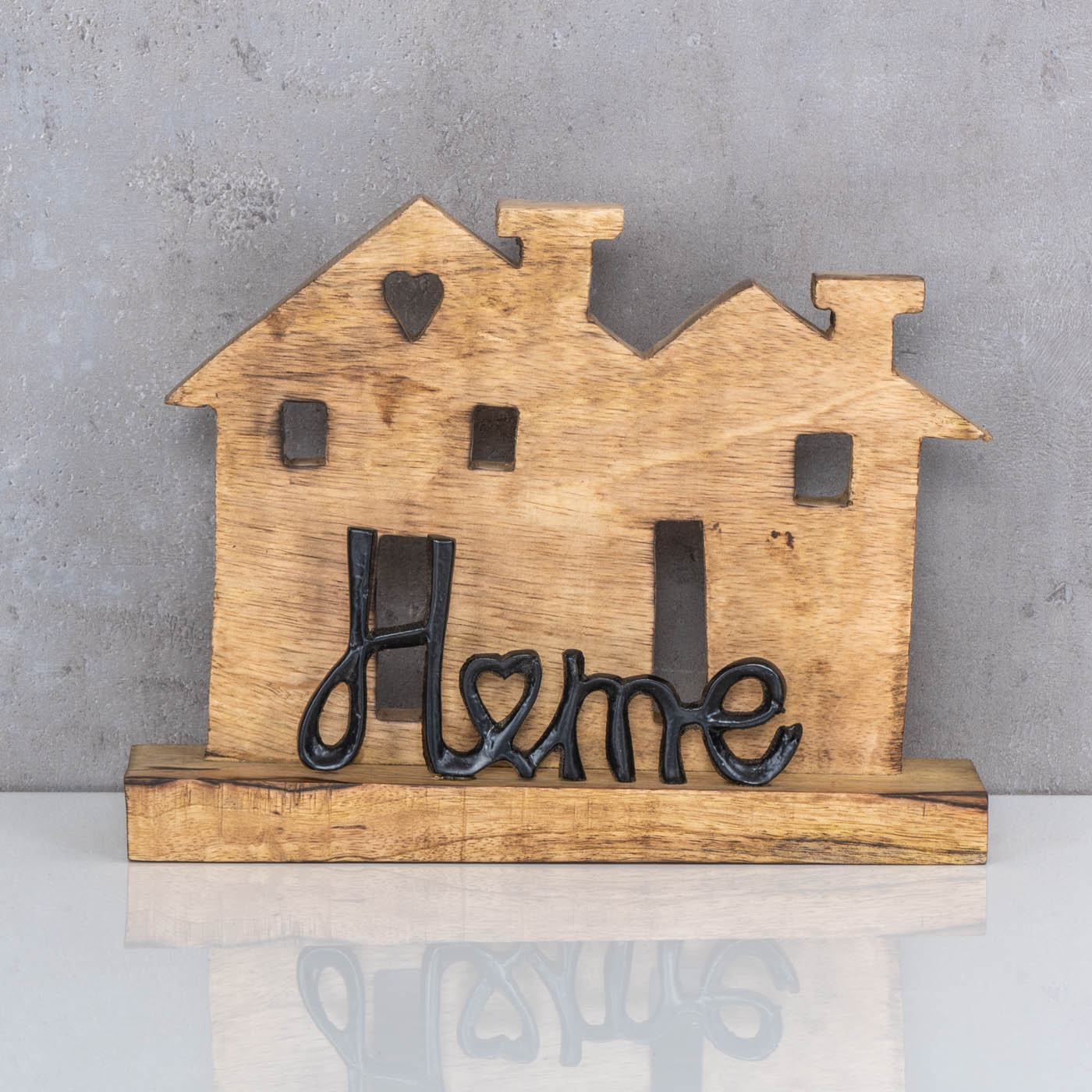 Aufsteller Haus H20cm Home Schwarz Mango Metall Schriftzug Holz Deko Tischdeko