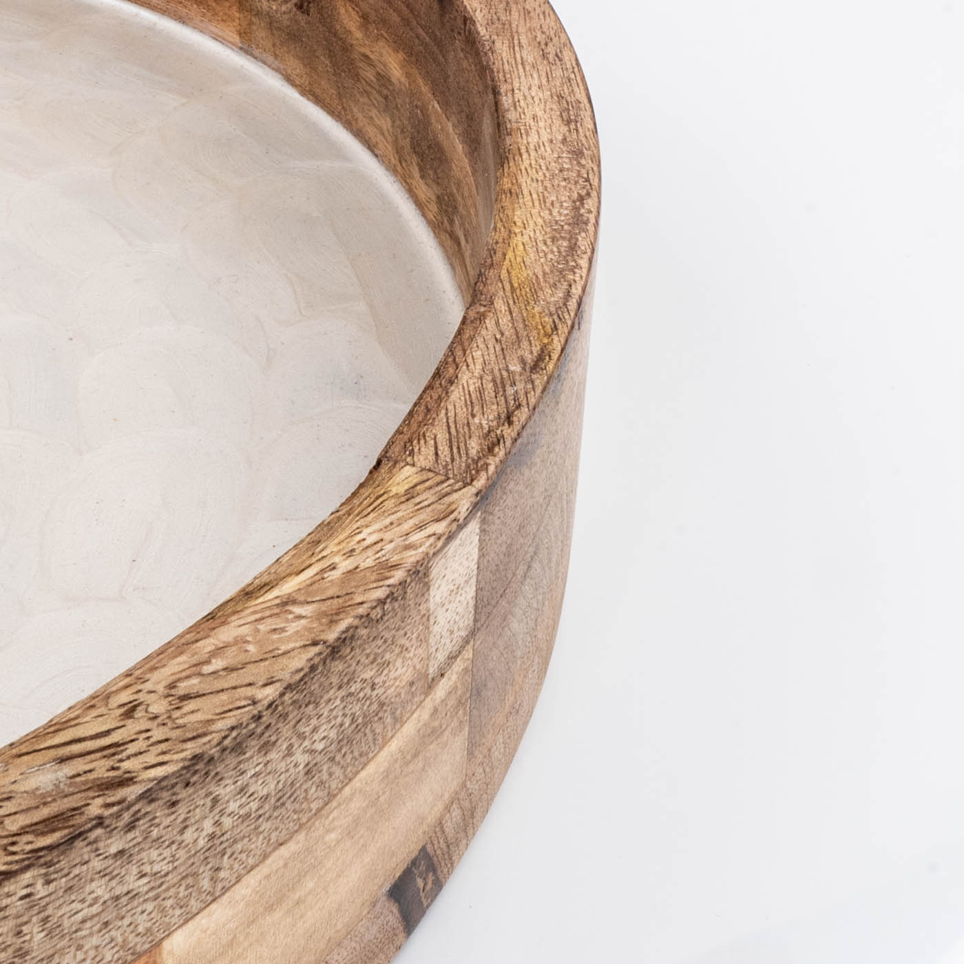 Tablett 35cm Rund Mango Holz Creme Perlmutt Emaille Ablage Serviertablett Deko