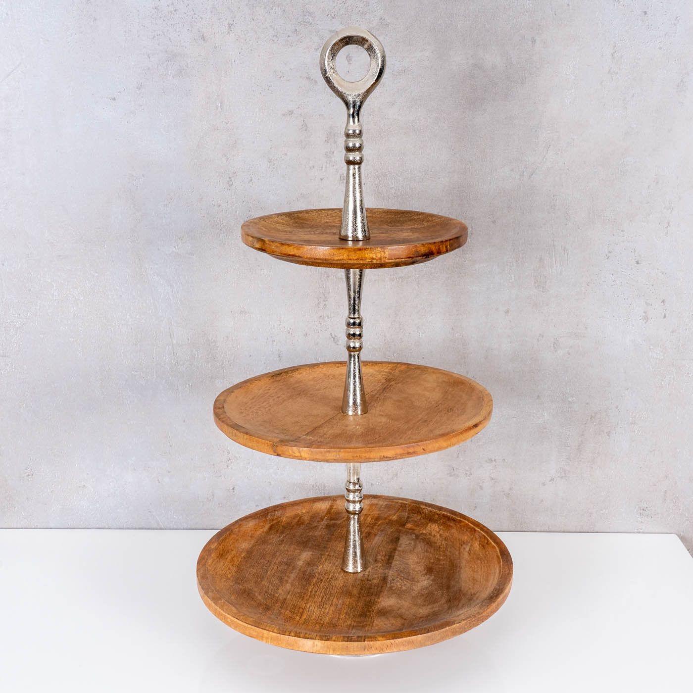 Holz Etagere 3 Etagen H60cm Mangoholz Metall Servierplatte Kuchenständer Deko