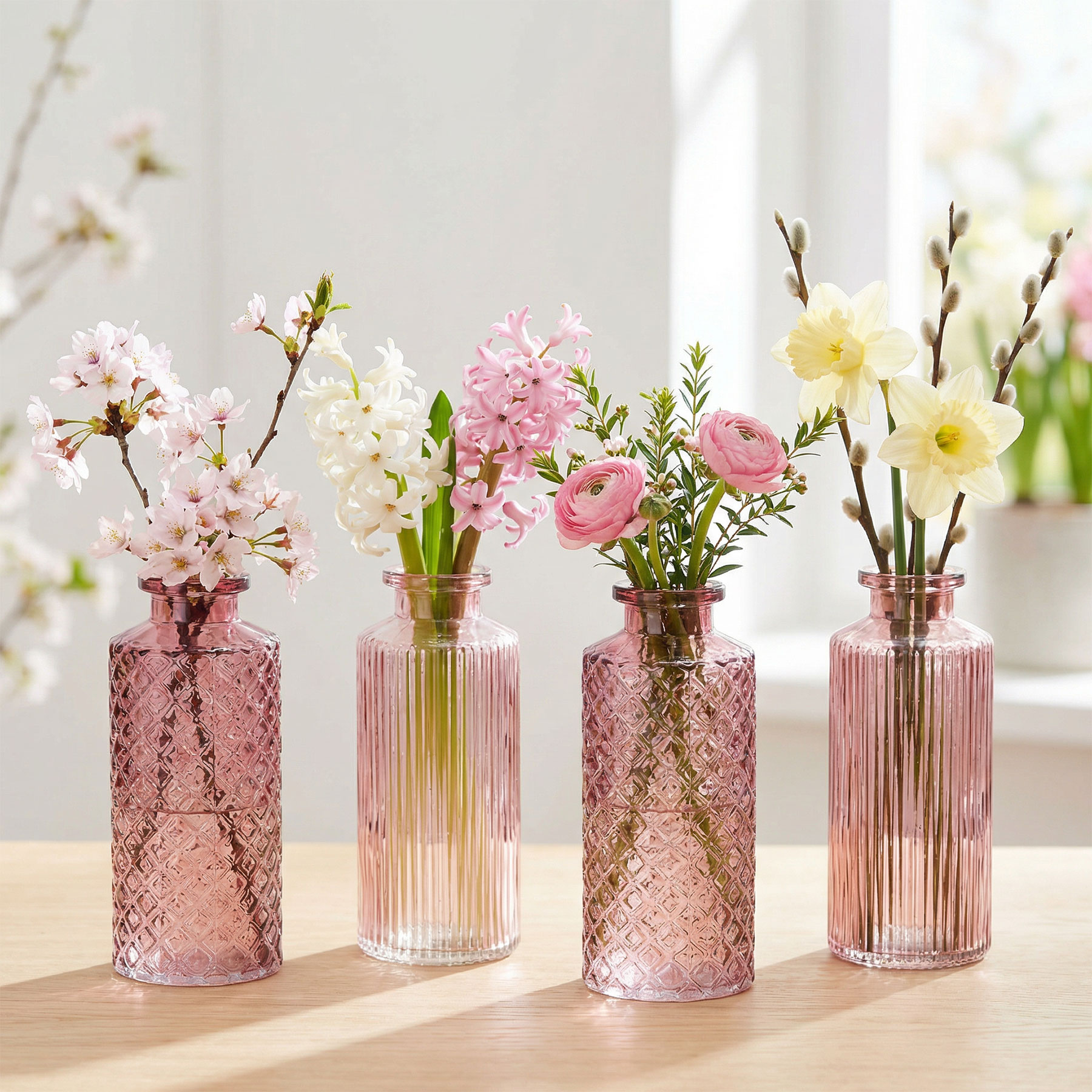 4er Set Vase Rosa H14cm Glas Blumenvase Tischdeko Frühling Blumendeko Glasvase