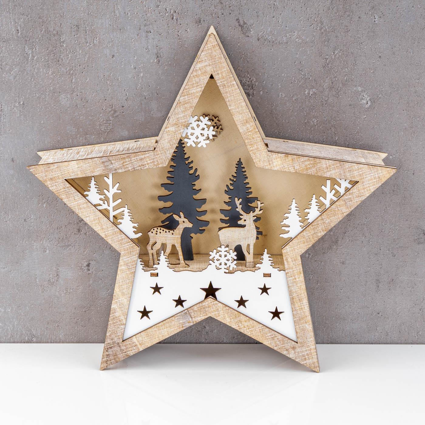 LED Stern Holz 25x25cm Deko Leuchte Weihnachten Tischdeko Weihnachtsstern Lampe