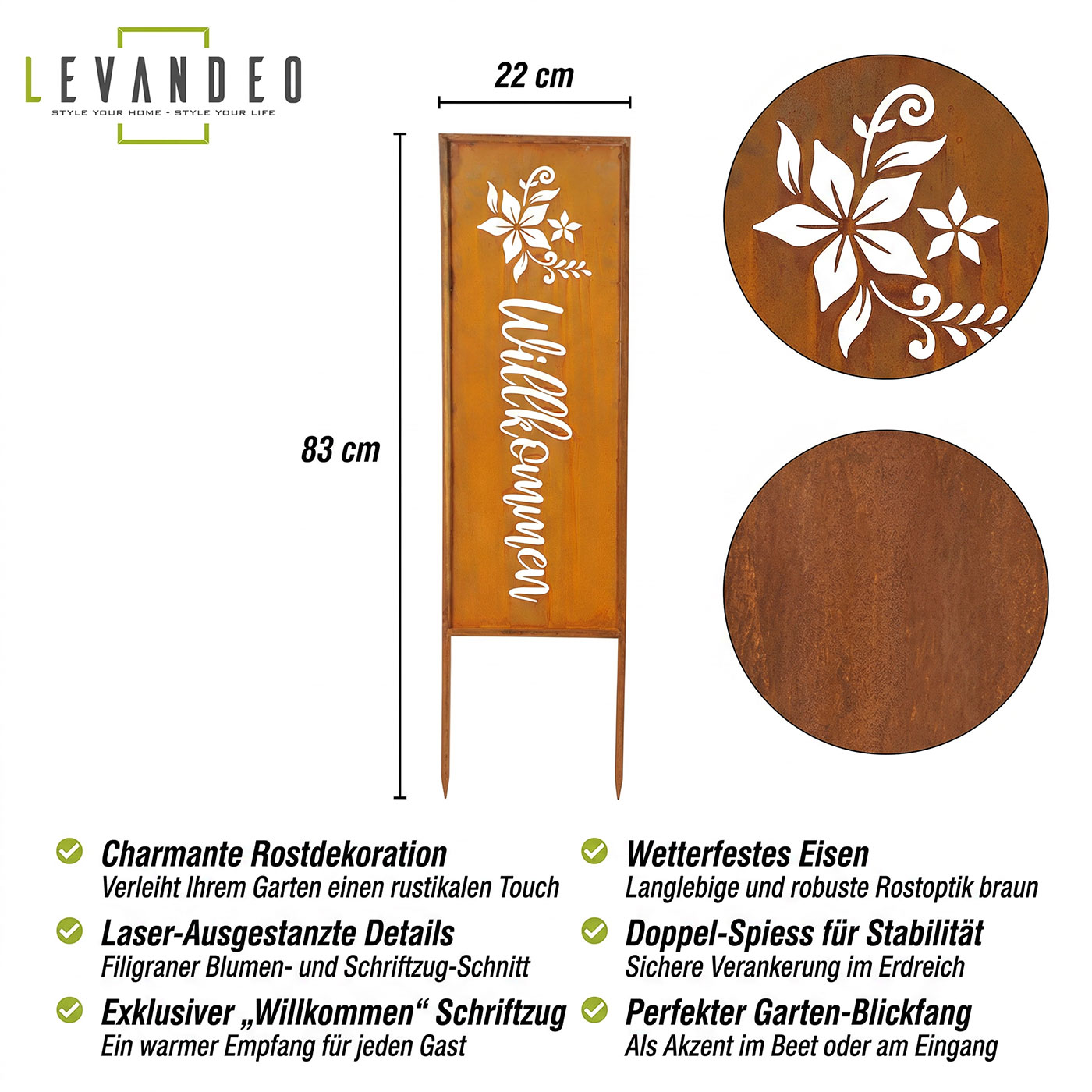 Gartenstecker Willkommen Rostdeko Metall 83cm Gartenstele Edelrost Beetstecker