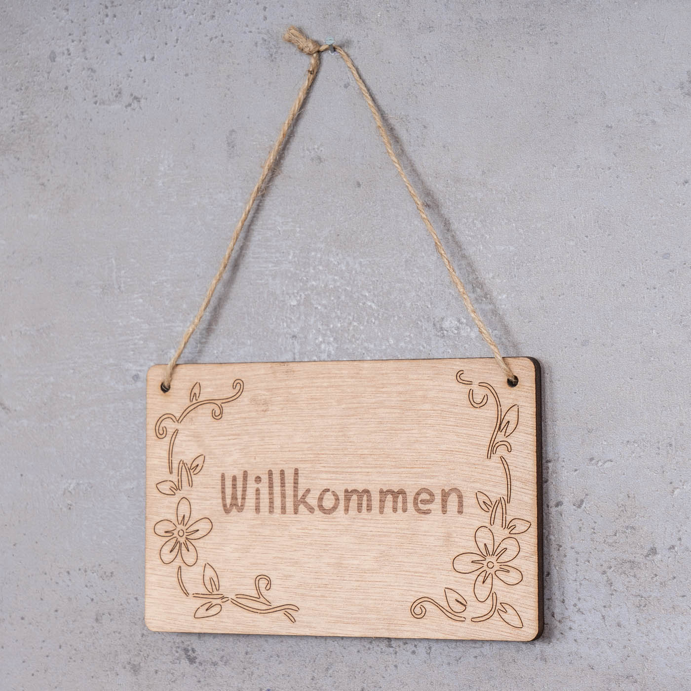 Schild Willkommen 13x8cm Birkenholz Holzschild Blumen Deko Holz Anhänger