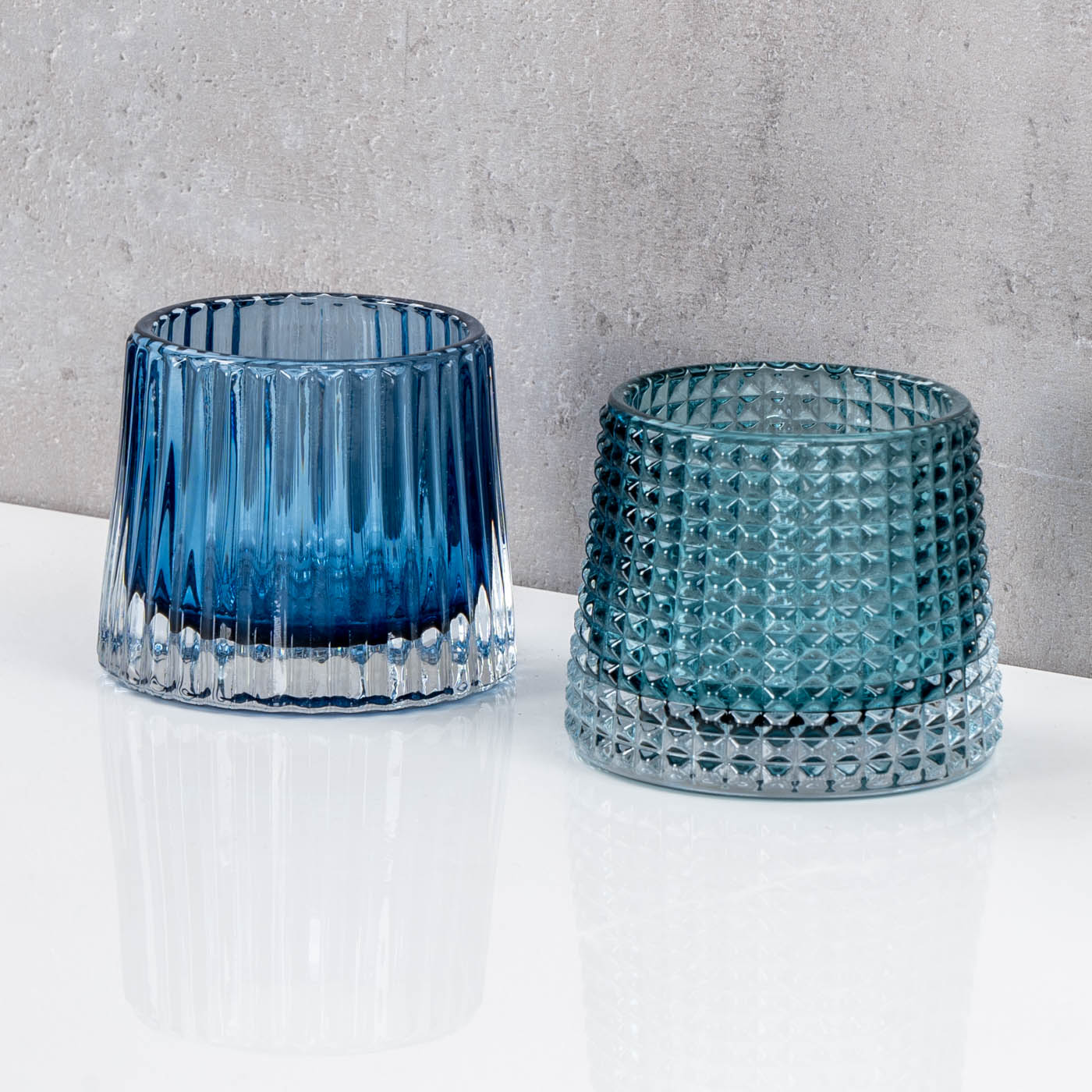 2er Set Teelichthalter H7cm Glas Blau Kerzenhalter Tischdeko Kerzen Retro Deko