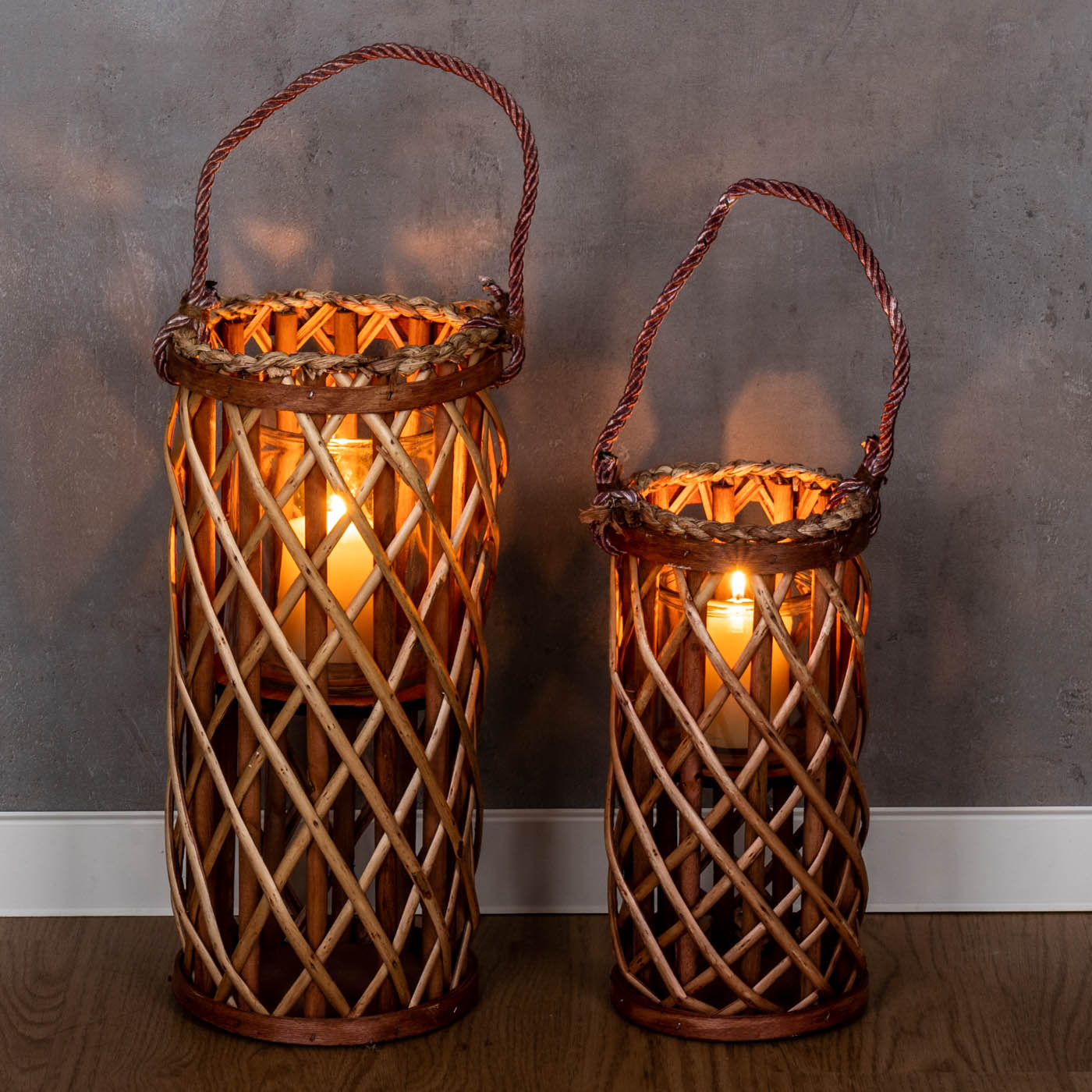2er Set Laterne Windlicht H40cm H31cm Kupfer Braun Holz Weide Garten Deko