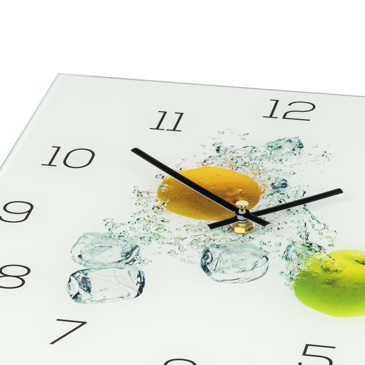 Wanduhr aus Glas 30x30cm Uhr als Glasbild Küche Apfel Zitrone Zitrus