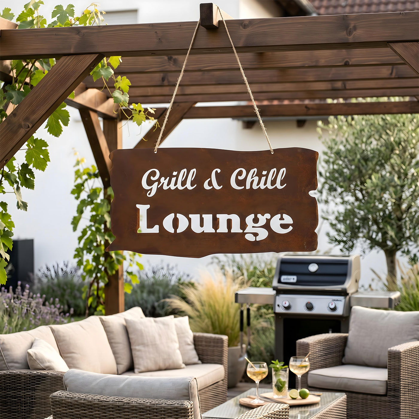 Rostschild Grill Lounge Gartenbild Eisen Wandbild Deko Terrasse Balkon Garten