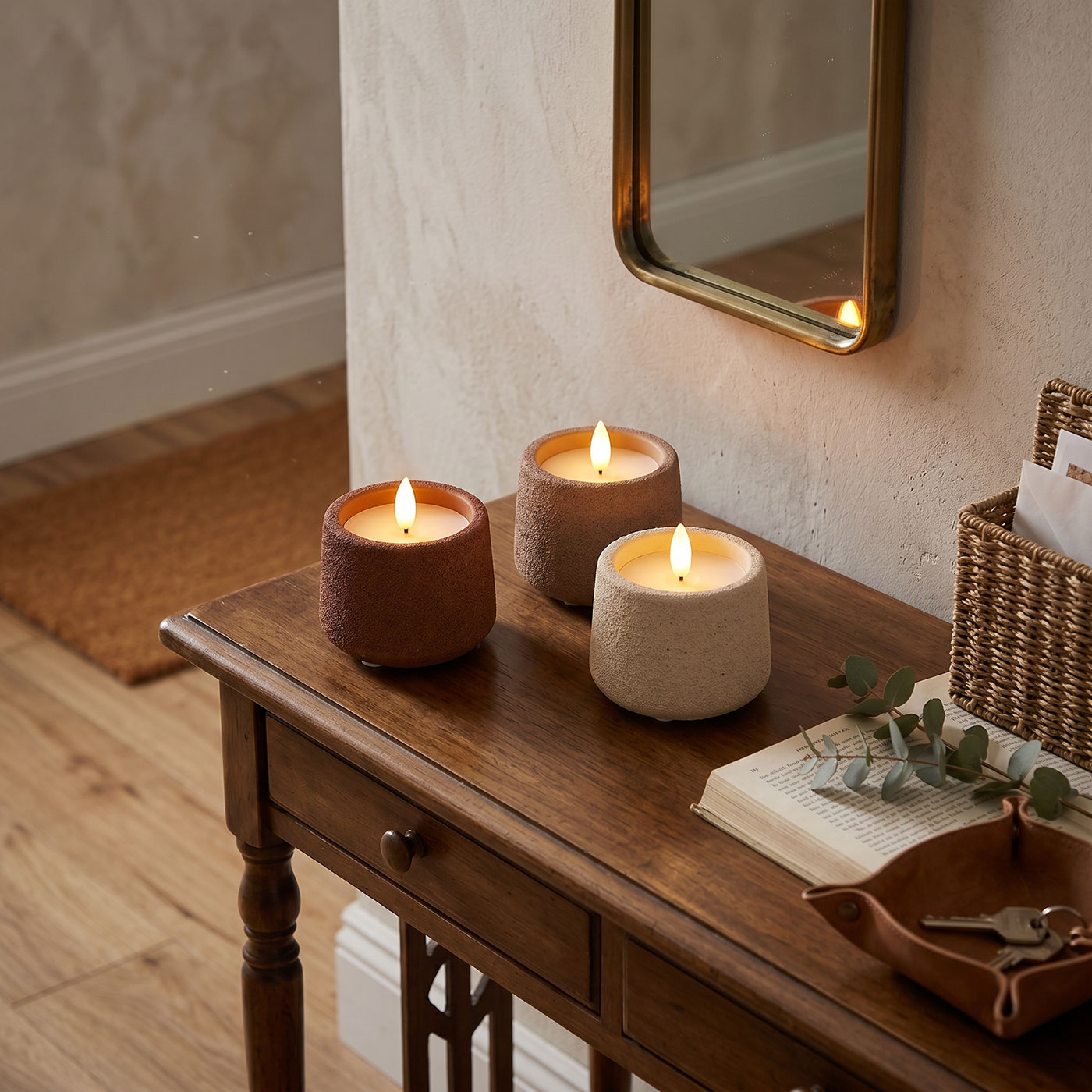 3er Set LED Kerzen mit Timer Echtwachs Beton Braun Beige Tischdeko Boho Stil