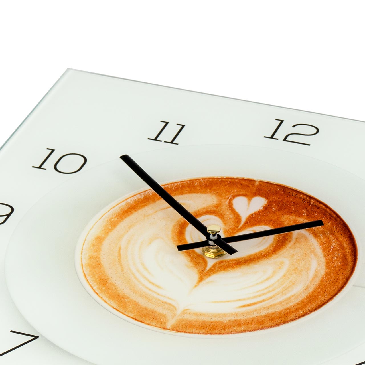 Wanduhr aus Glas 30x30cm Uhr als Glasbild Küche Cappuccino Coffee Deko