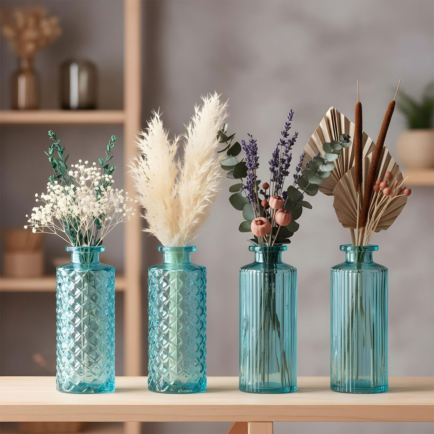 4er Set Vase Türkis H14cm Glas Blumenvase Retro Tischdeko Frühlingsdeko Glasvase
