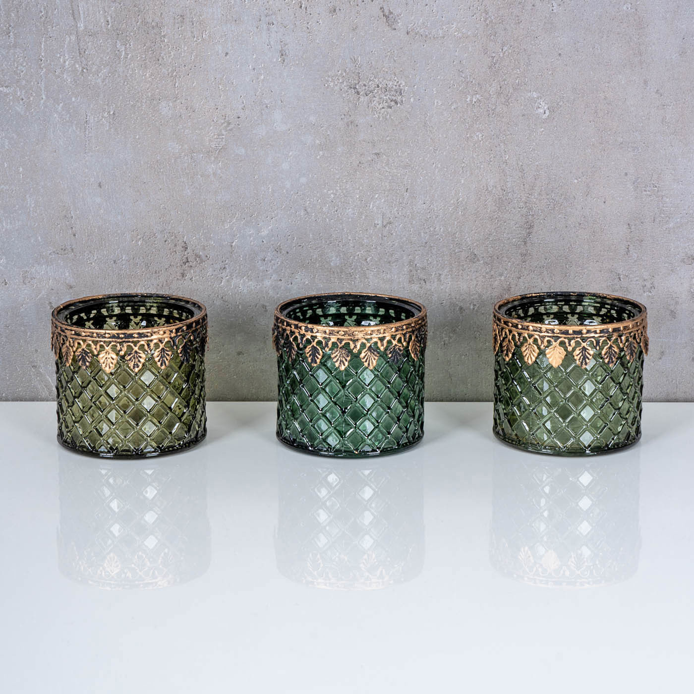3er Set Teelichthalter Grün Gold Glas Retro Tischdeko Windlicht Kerzenhalter