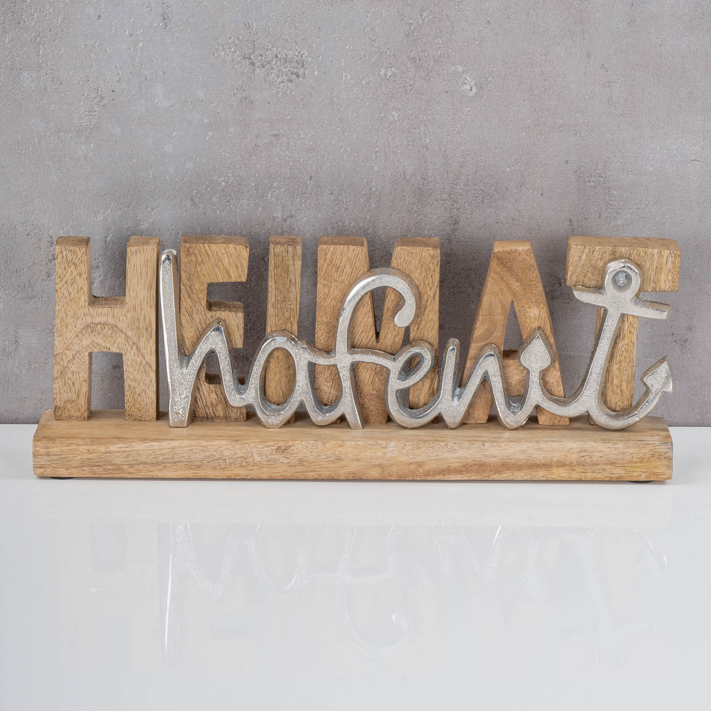 Deko Aufsteller Heimathafen L30cm Braun Holz Silber Mango Maritim Tischdeko