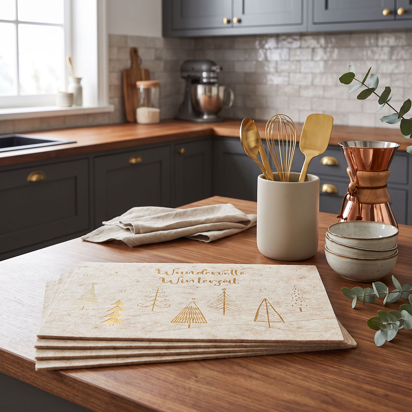 4er Set Platzsets 45x30cm Weihnachten Beige Gold Tannen Wald Tischdeko