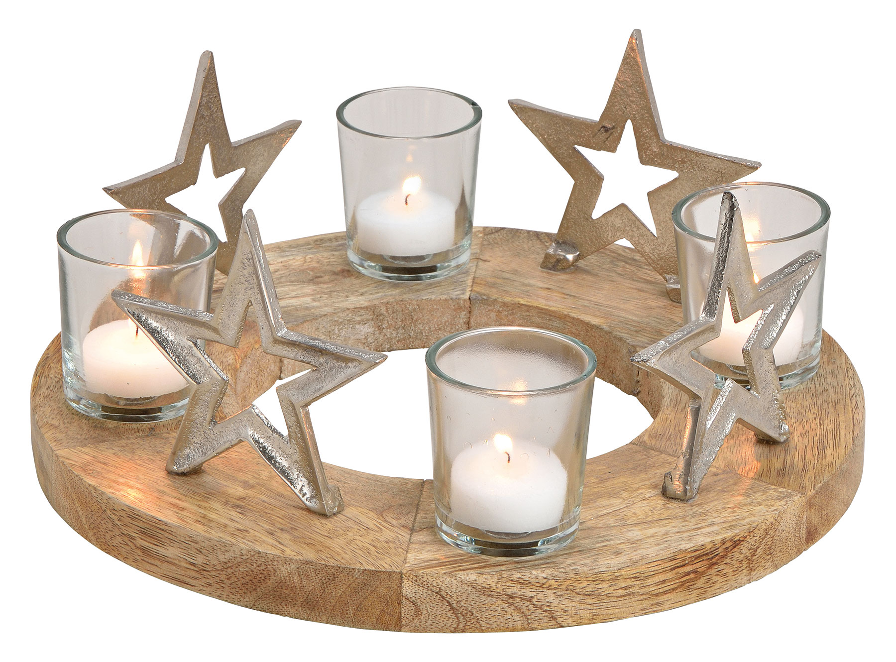 Adventskranz ø30cm Mango Holz Silber Natur Kerzenhalter Sterne Weihnachten Deko
