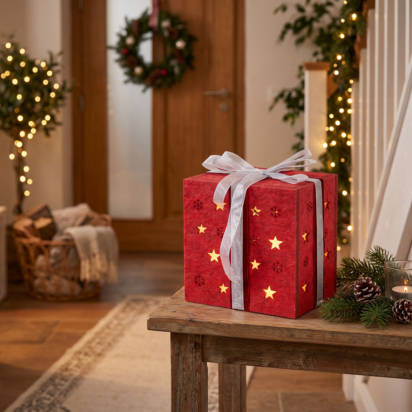 LED Geschenkbox Rot Filz Weihnachtsdeko Deko Sterne Geschenk Weihnachten
