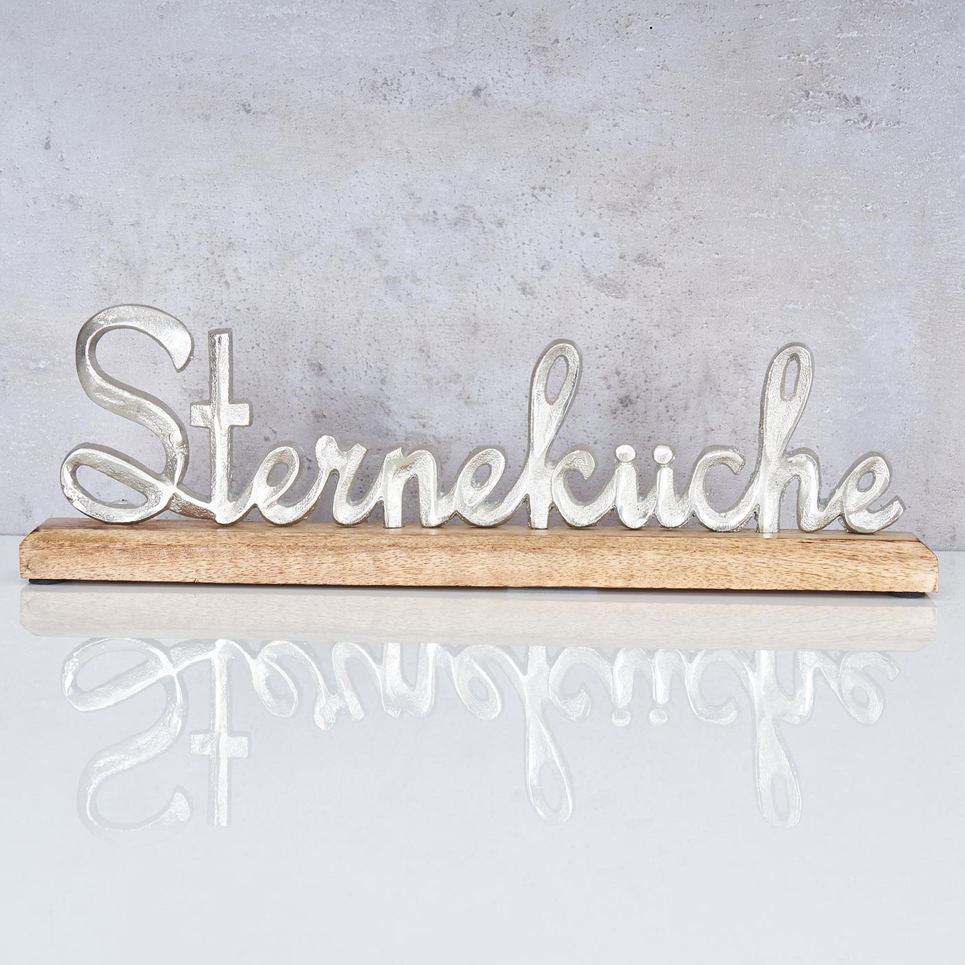 Schriftzug Sterneküche L40cm Metall Silber Mango Holz Tischdeko Deko Aufsteller