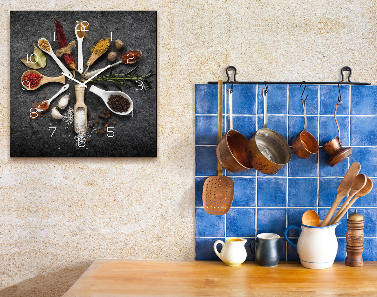 Wanduhr Glas 30x30cm Uhr Glasbild Gewürze Küche Kräuter Wanddeko Glasuhr