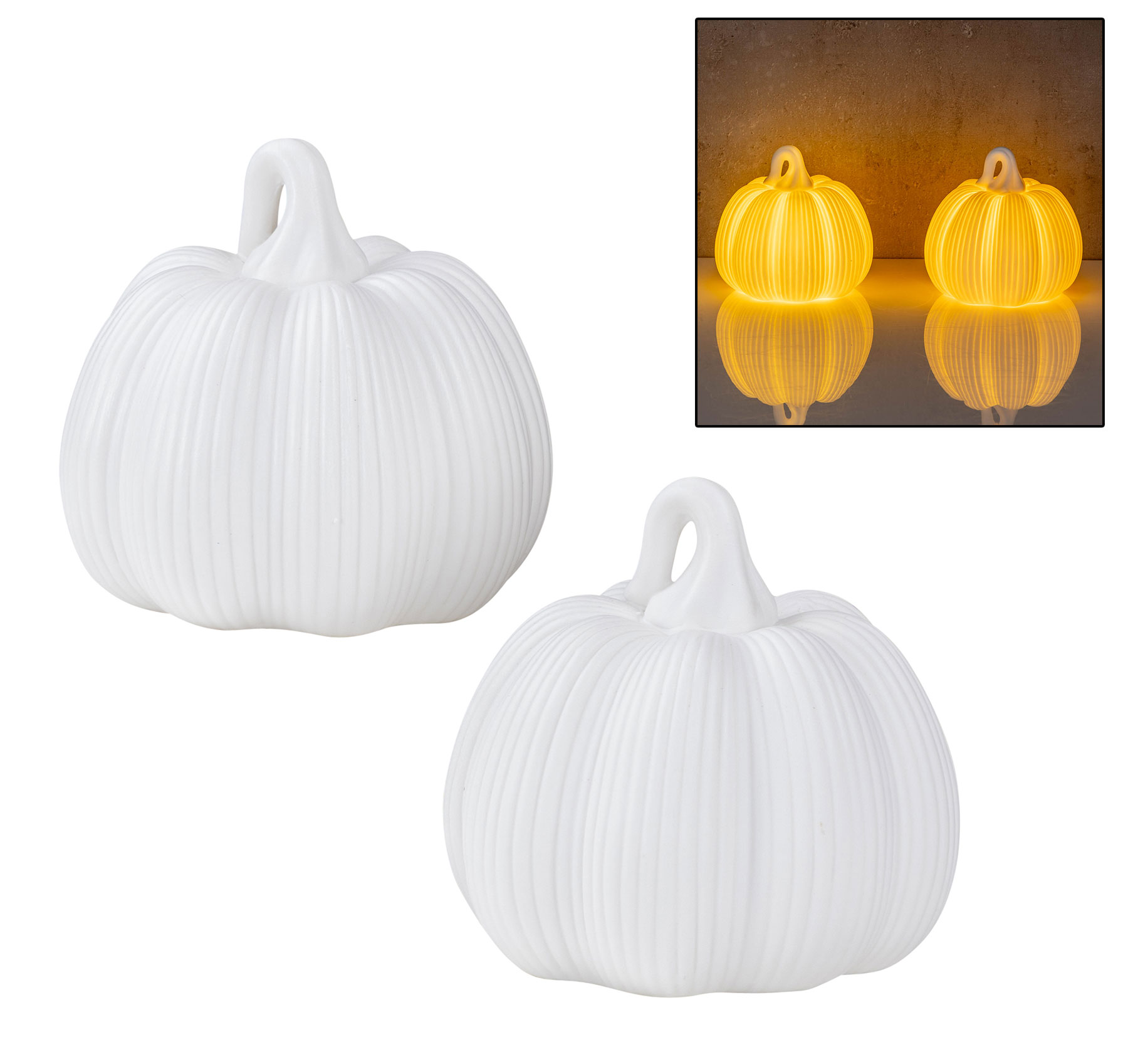 2er Set runde LED Kürbisse Weiß H11cm Timer Porzellan Tischdeko Herbstdeko Leuchte