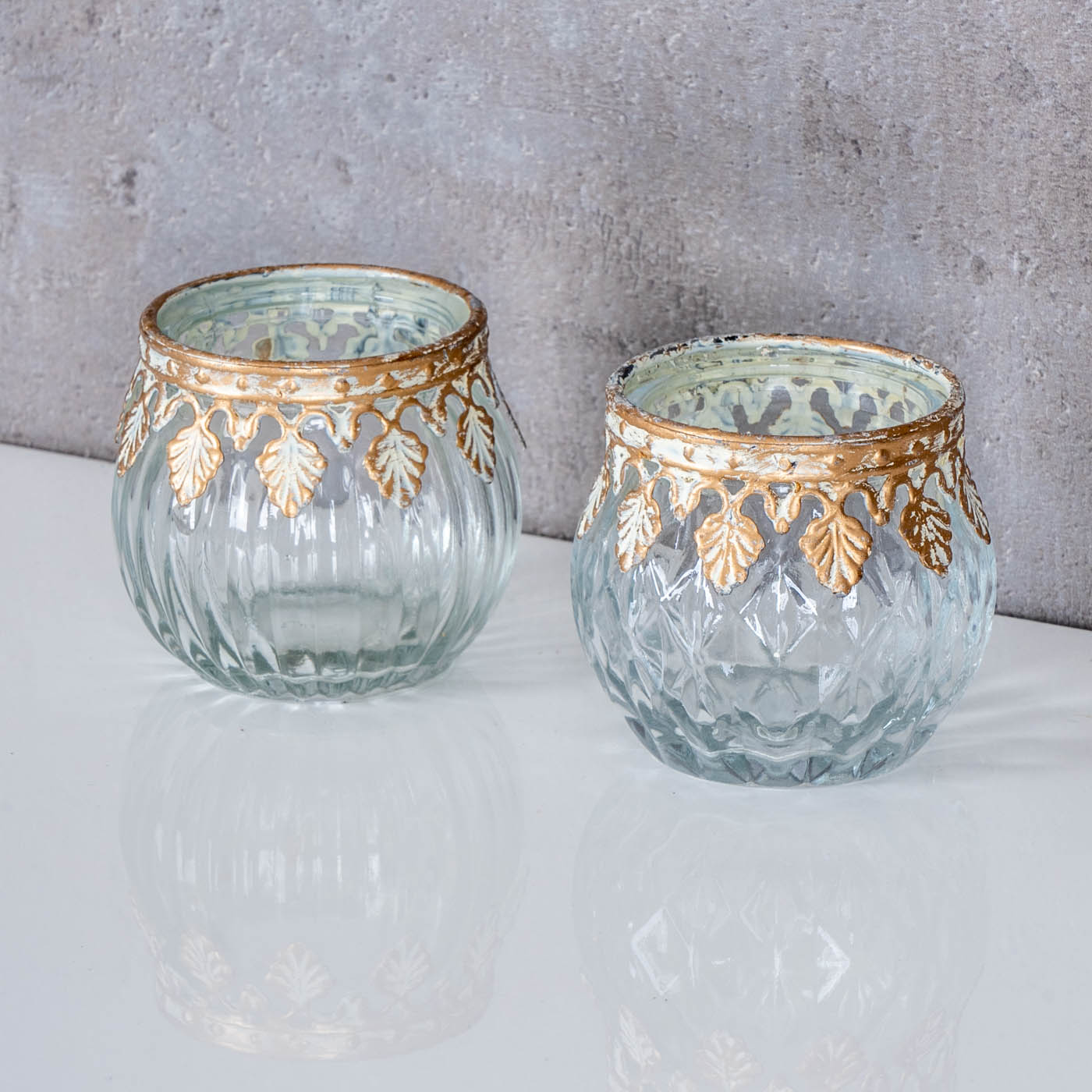 2er Set Glas Windlichter H5cm Klar Gold Teelichthalter Kerzenhalter Tischdeko