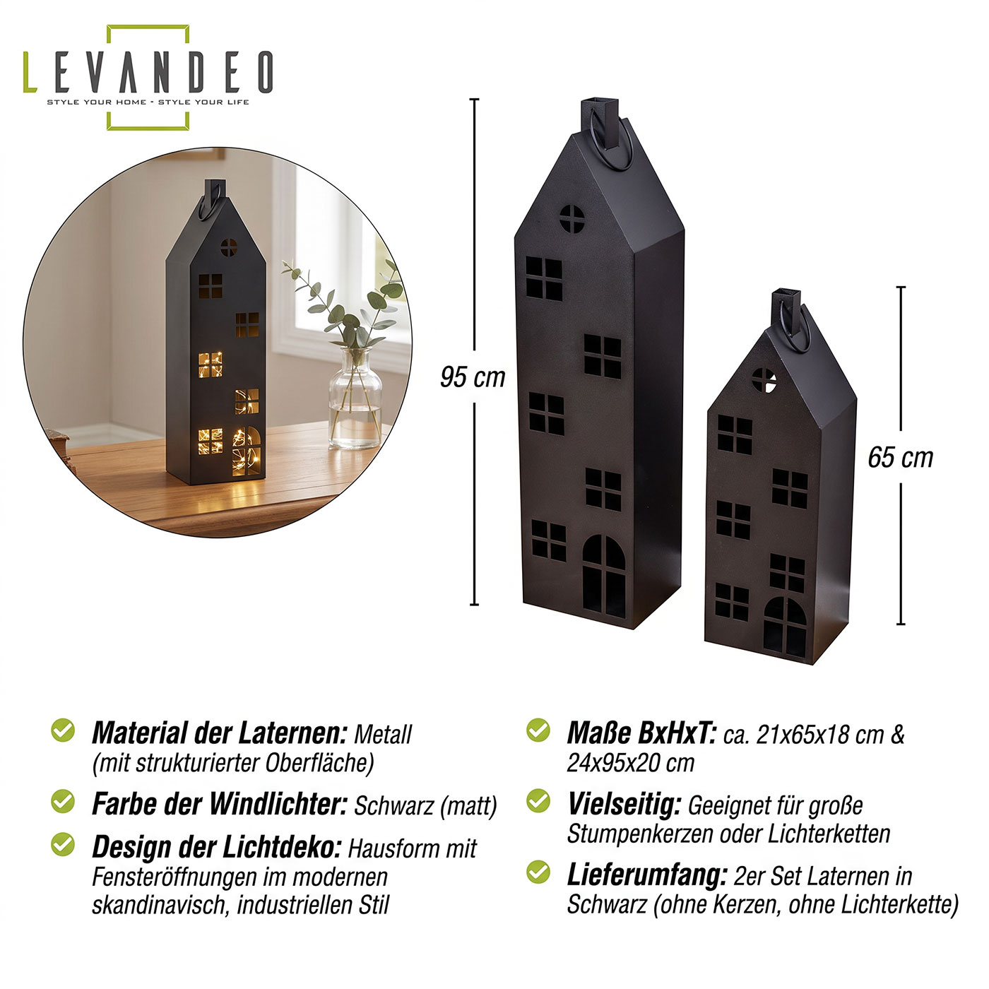2er Set Laterne Haus H65-95cm Metall Schwarz Deko Windlicht Industrial Style