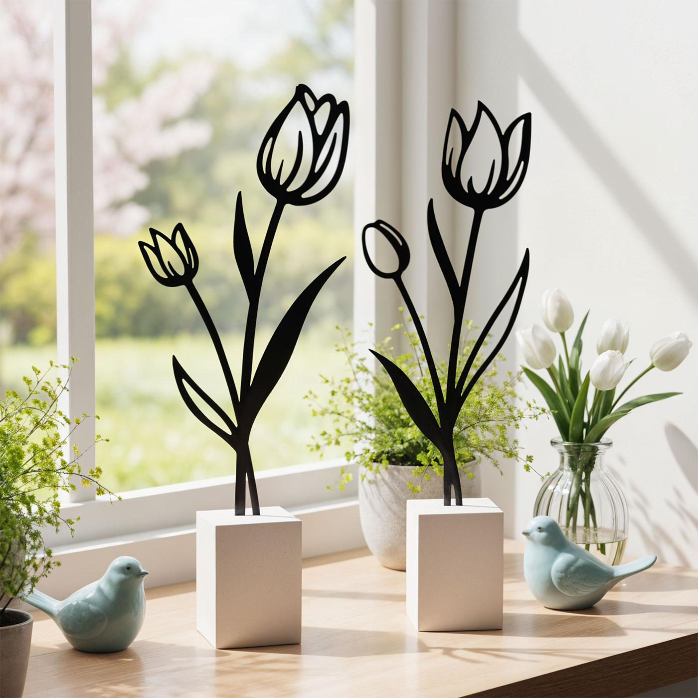 2er Set Metall Blume Tulpe Schwarz Beton Grau Draht Deko Aufsteller Tischdeko