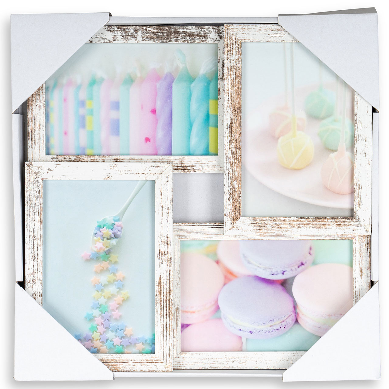 levandeo Bilderrahmen Collage 28x28cm 4 Fotos 10x15 Shabby Chic MDF Holz Glas