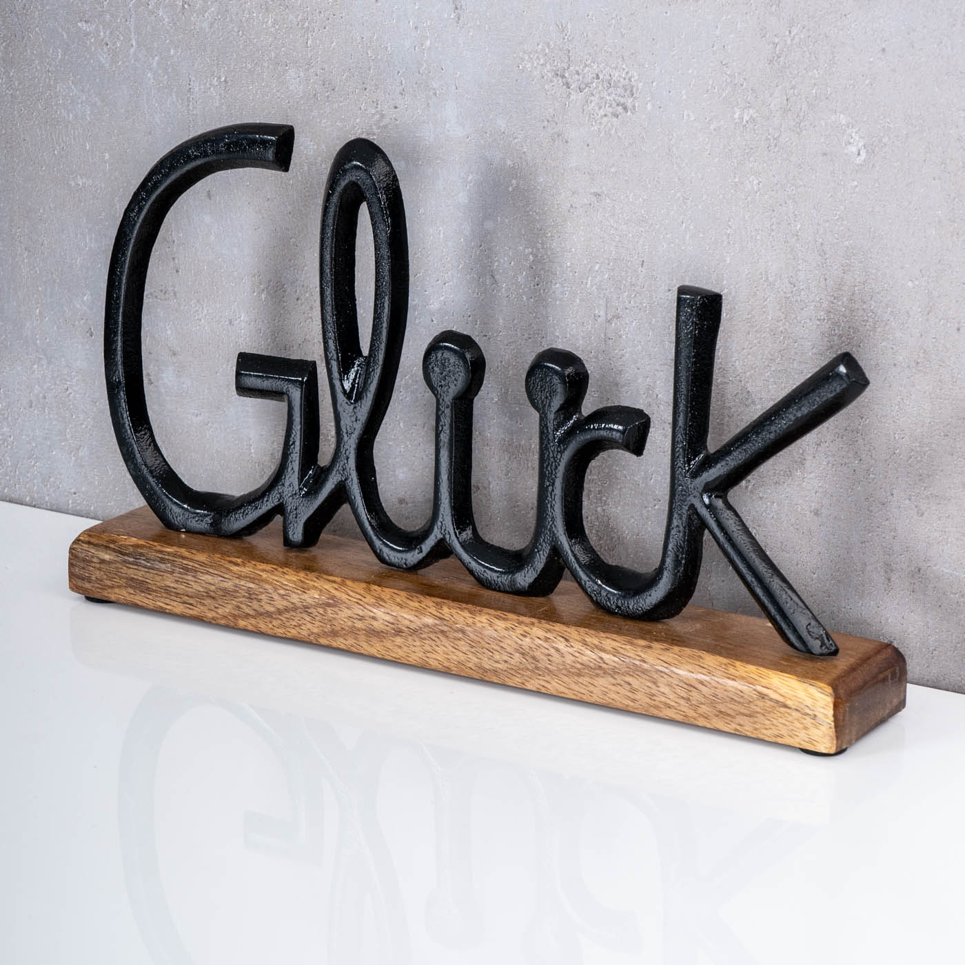 Schriftzug Glück L30cm Metall Schwarz Mango Holz Tischdeko Deko Aufsteller