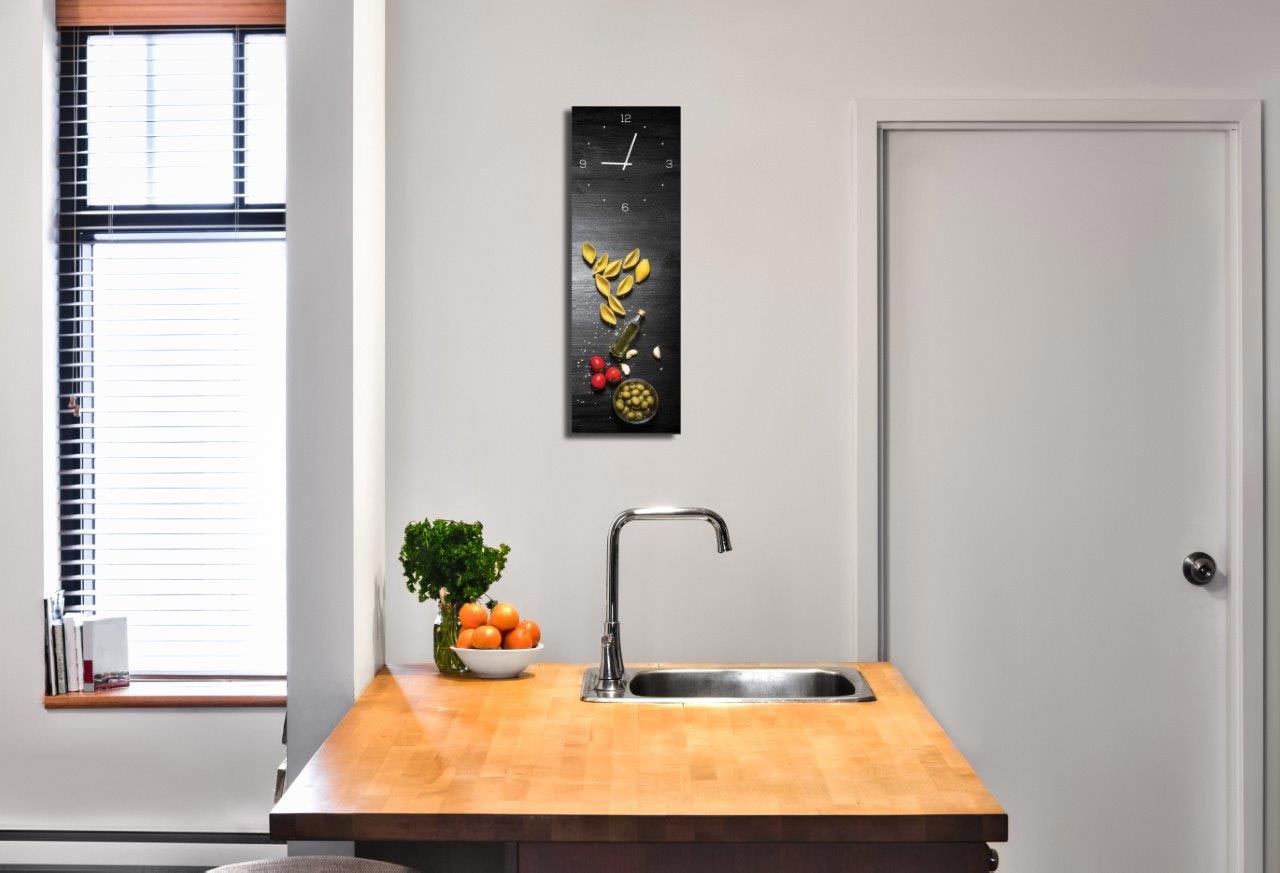 Wanduhr aus Glas 20x60cm Uhr als Glasbild Pasta Küche Nudeln Deko