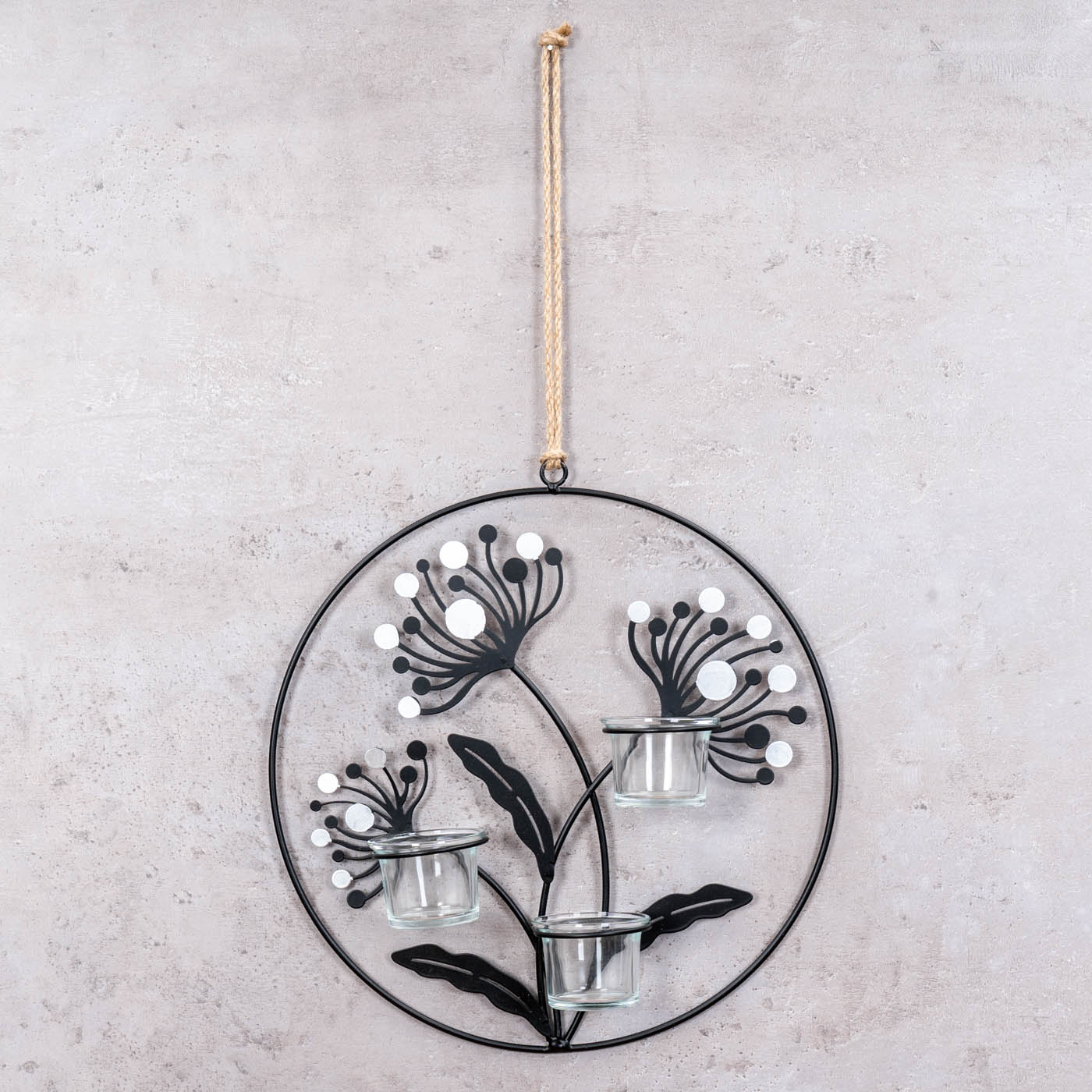 Wand Teelichthalter 30cm Rund Metall Schwarz Silber Blumen Ring Kerzenhalter