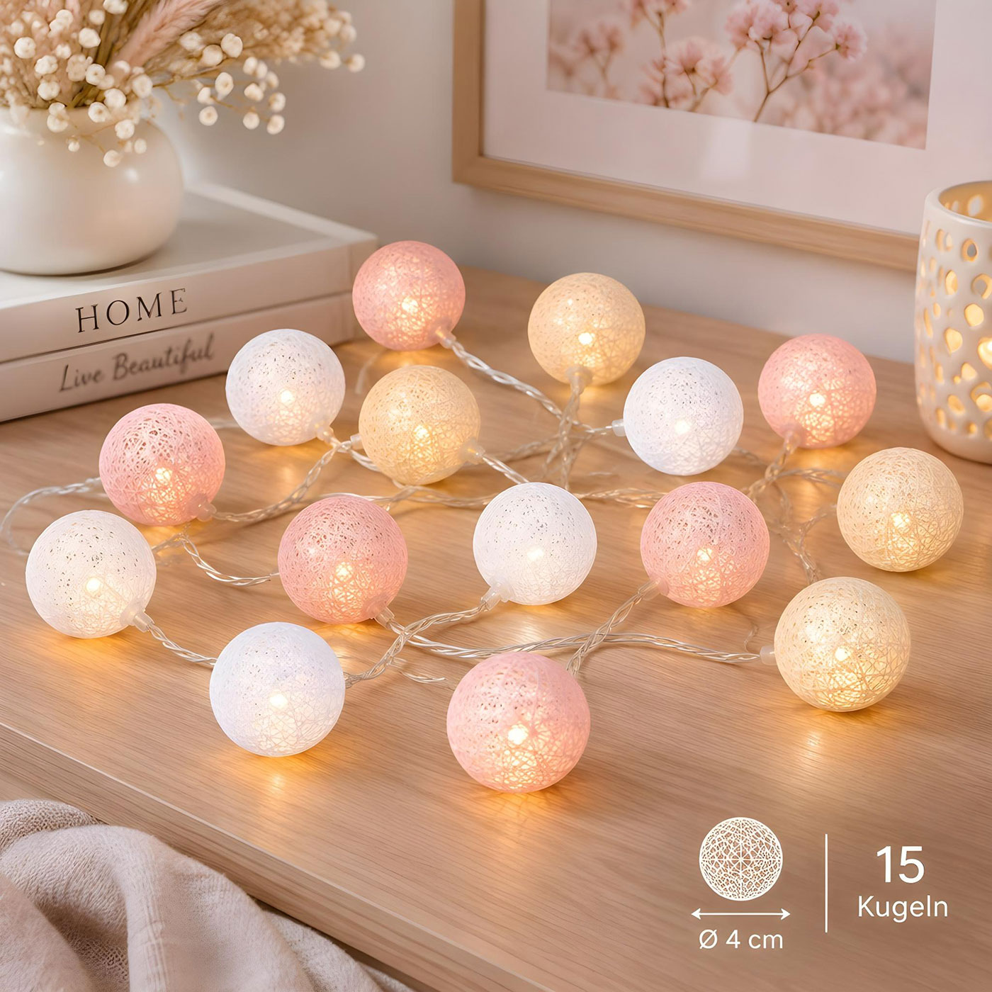 15er Lichterkette Ø4cm LED Kugeln Girlande Lampions Baumwolle Rosa Deko