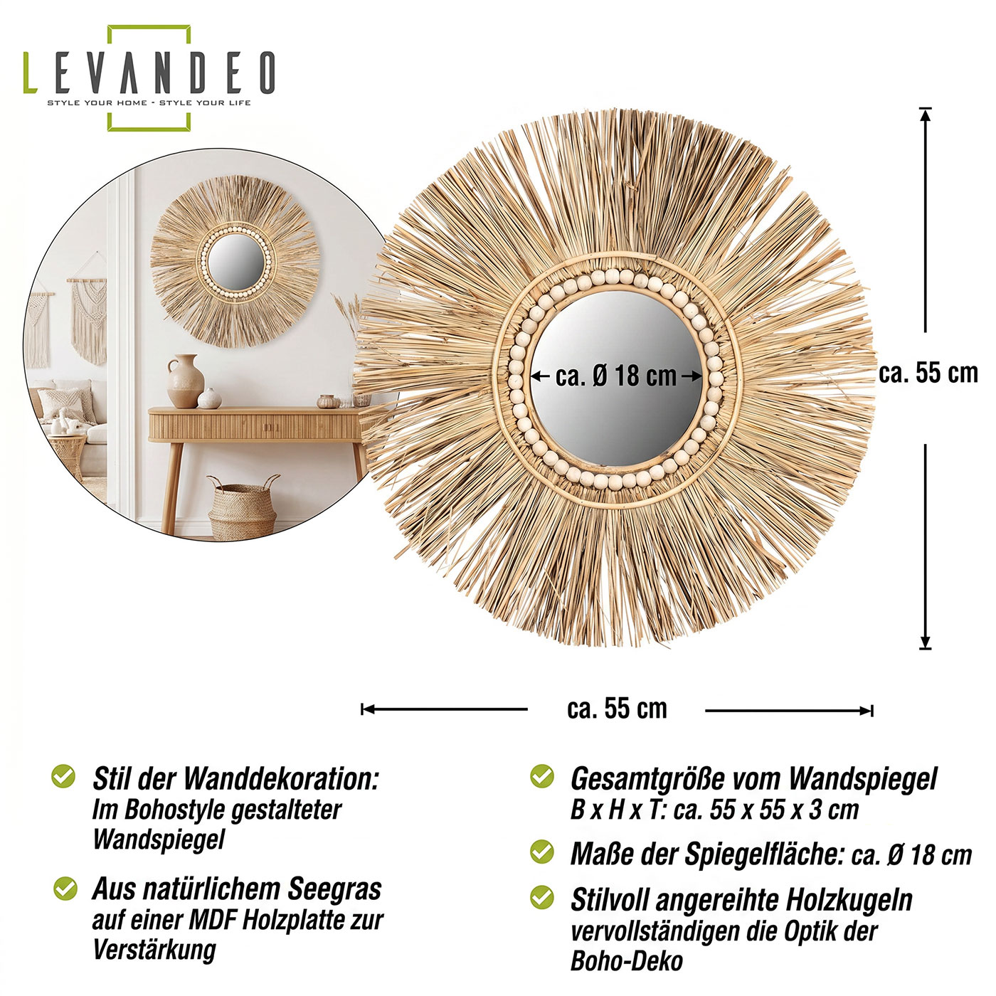Spiegel Seegras Ø 55cm Wandspiegel Rund Flurspiegel Wanddeko Boho Deko Natur