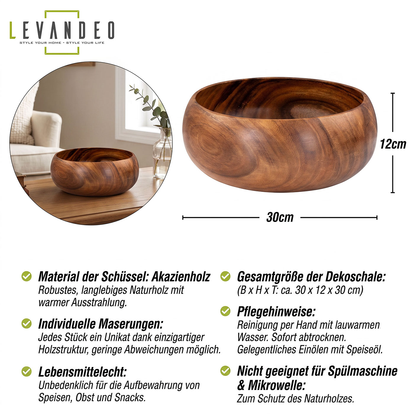 Holzschale Akazie 30x12cm  rund Schale Obstschale Deko Unikat