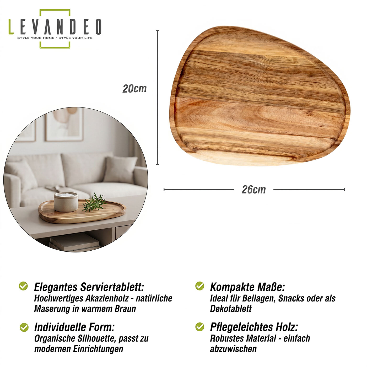 Holzteller Akazienholz L26cm Tablett Dekoschale Serviertablett Tischdeko Ablage