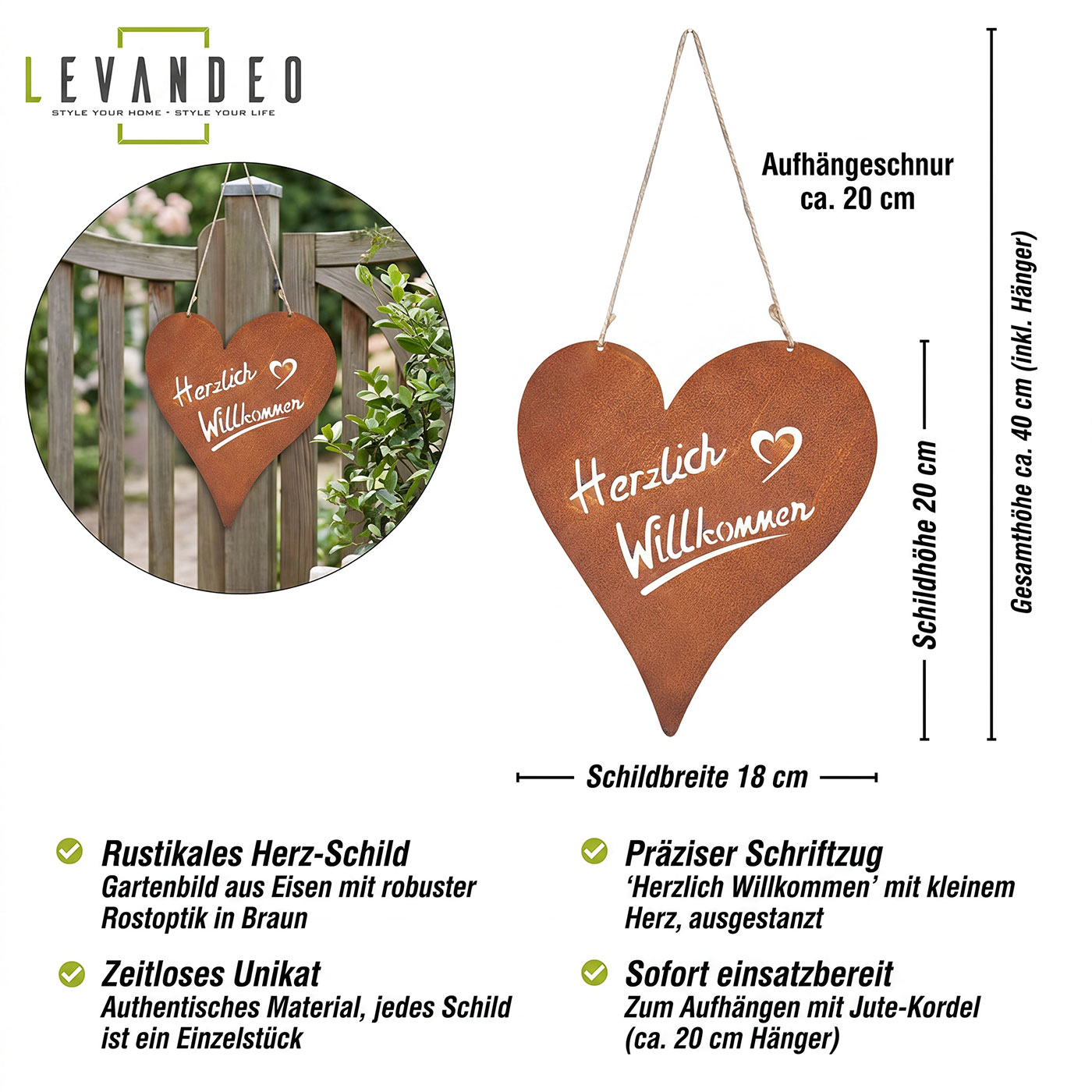 Türschild Herz Willkommen Rostoptik Gartendeko Metall Herzform Edelrost Wanddeko