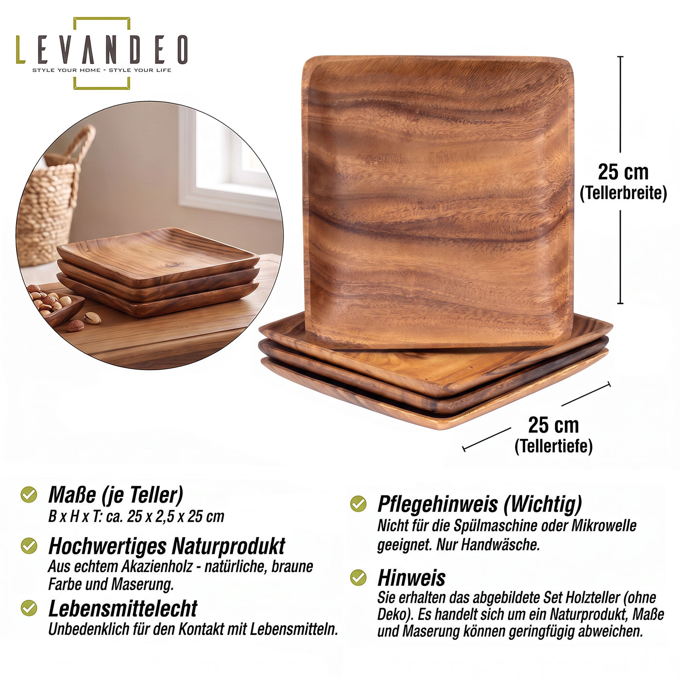 4er Set Teller aus Akazienholz 25x25cm Holzteller Dekoschale Tischdeko Ablage
