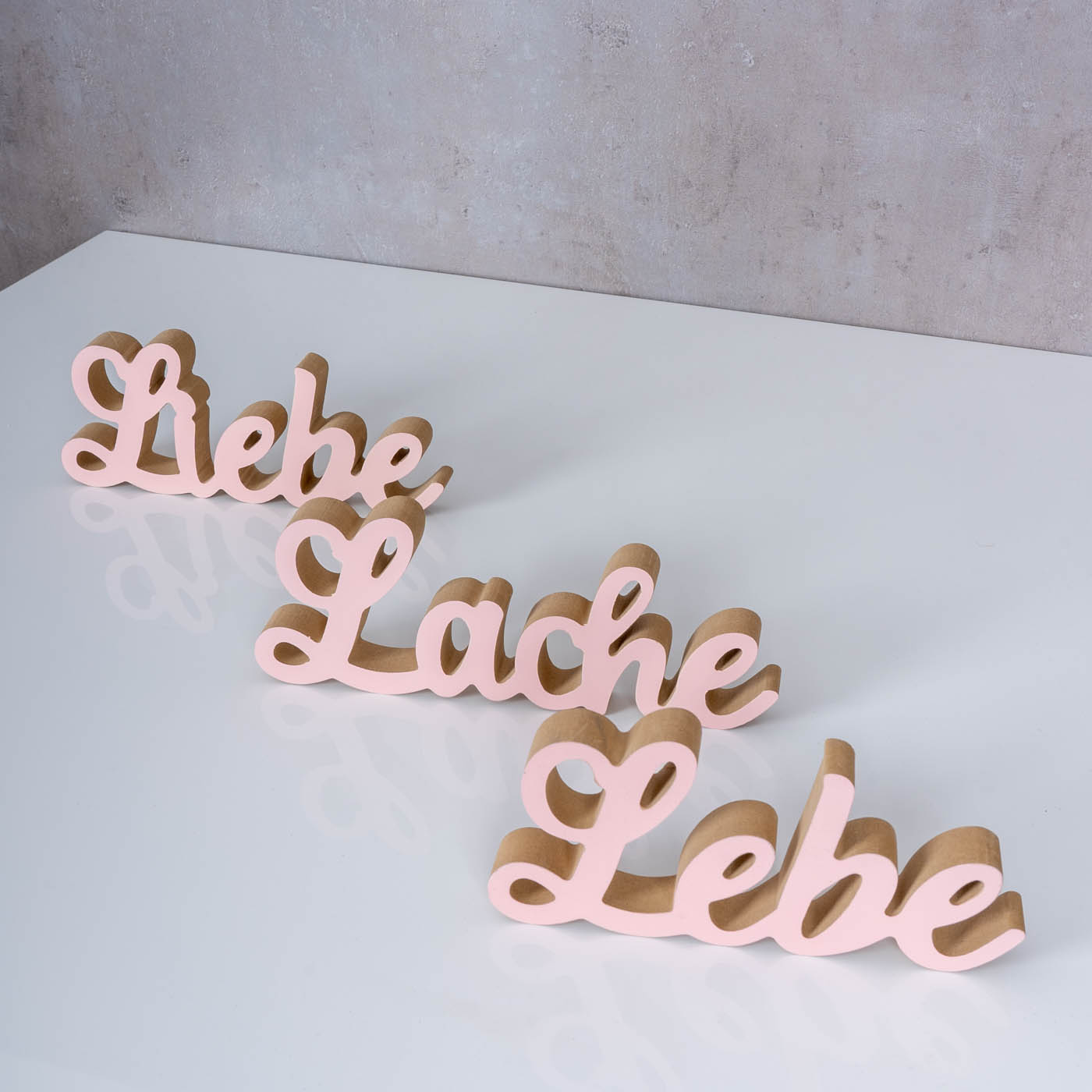 3er Set Schriftzug Lebe Liebe Lache Pastell Rosa Holz Tischdeko Deko Aufsteller