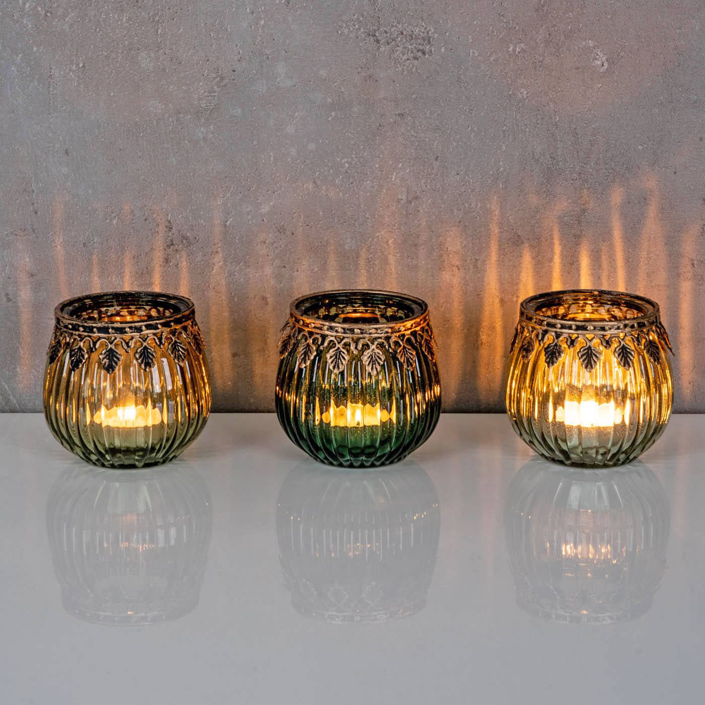 3er Set Orientalische Teelichthalter Grün Gold Glas Retro Tischdeko Windlicht