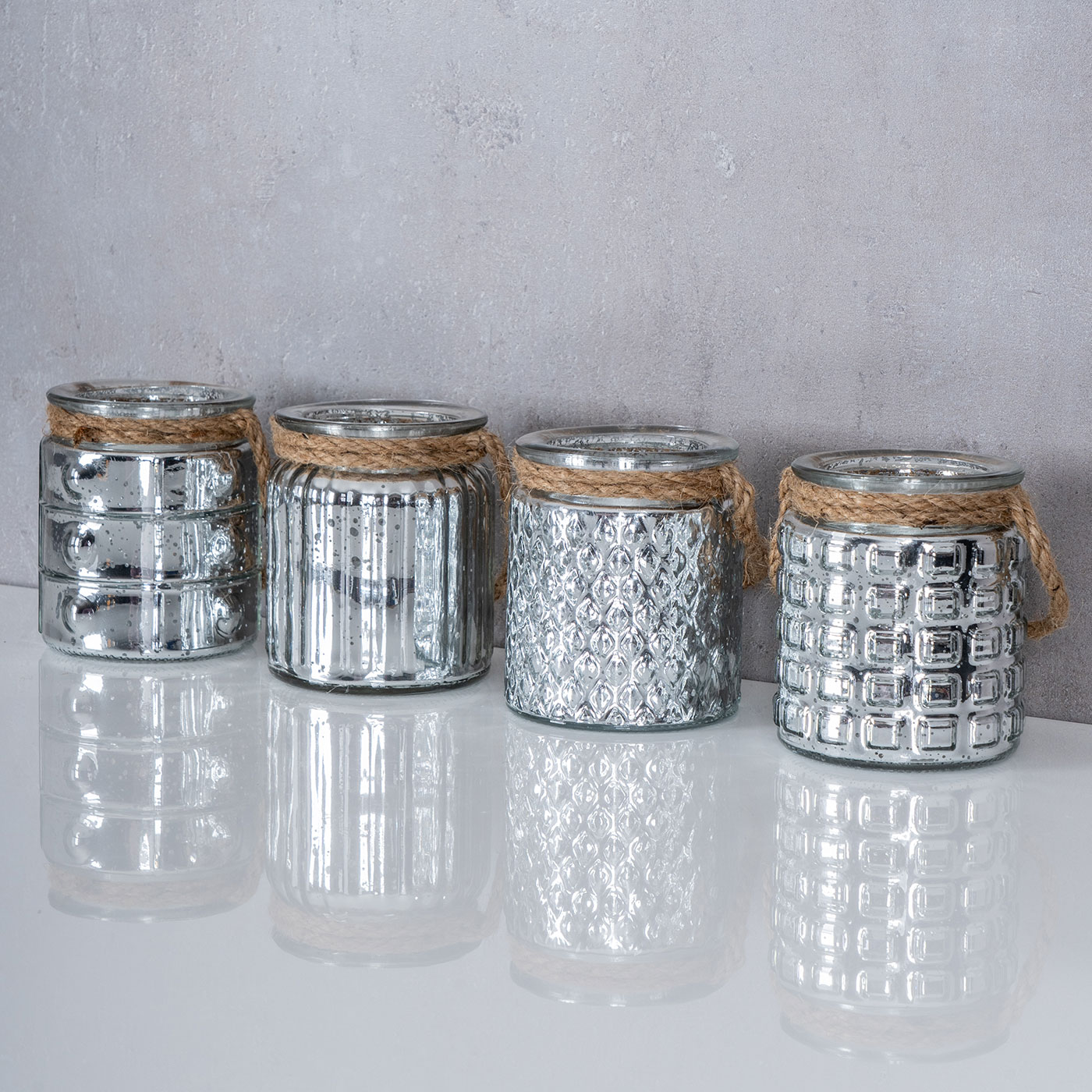 4er Set Windlicht Glas Silber H10cm Teelichthalter Tischdeko Kerzen Retro Deko