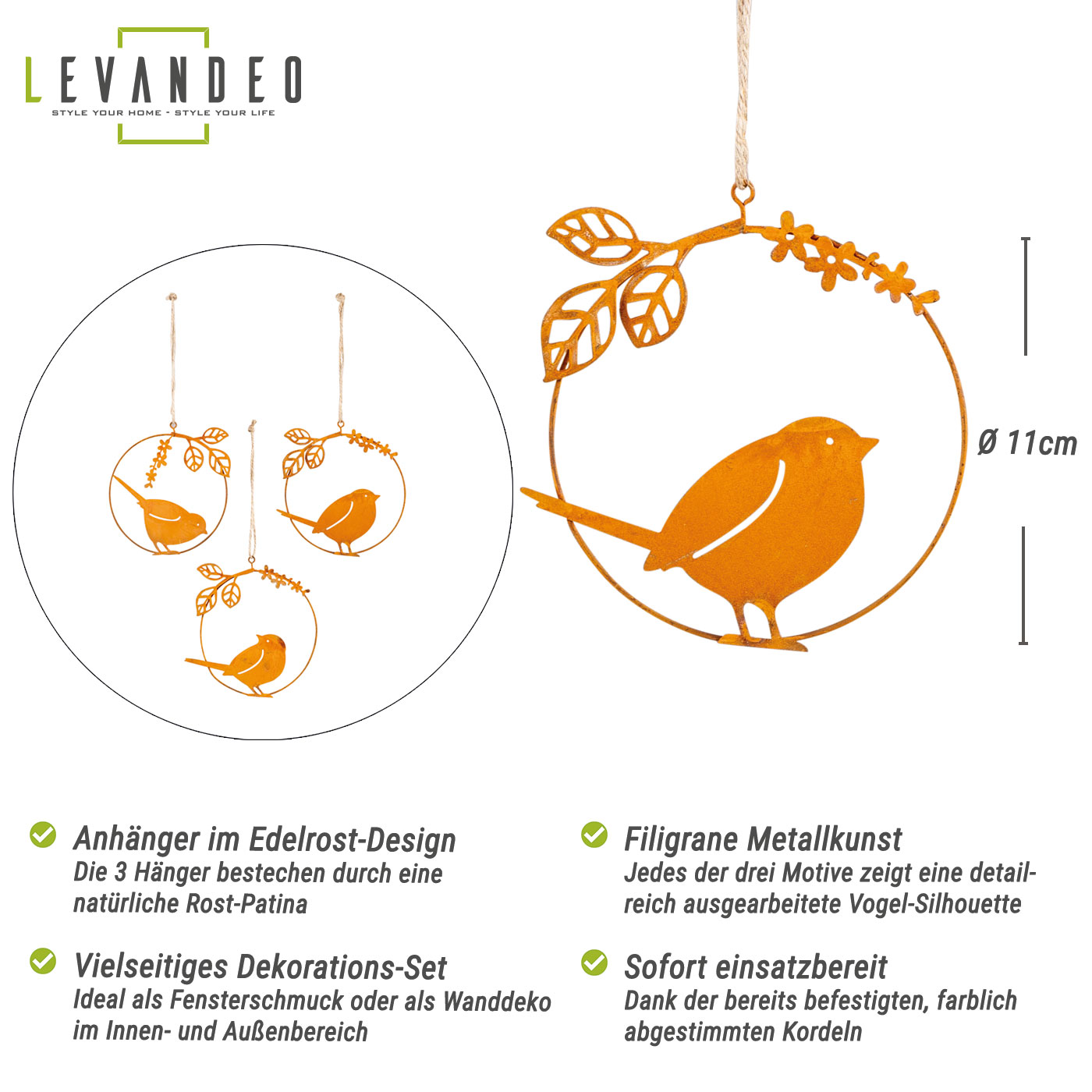 3er Set Dekoanhänger Vogel Metall Edelrost 11cm Rostige Gartendeko Fensterschmuck