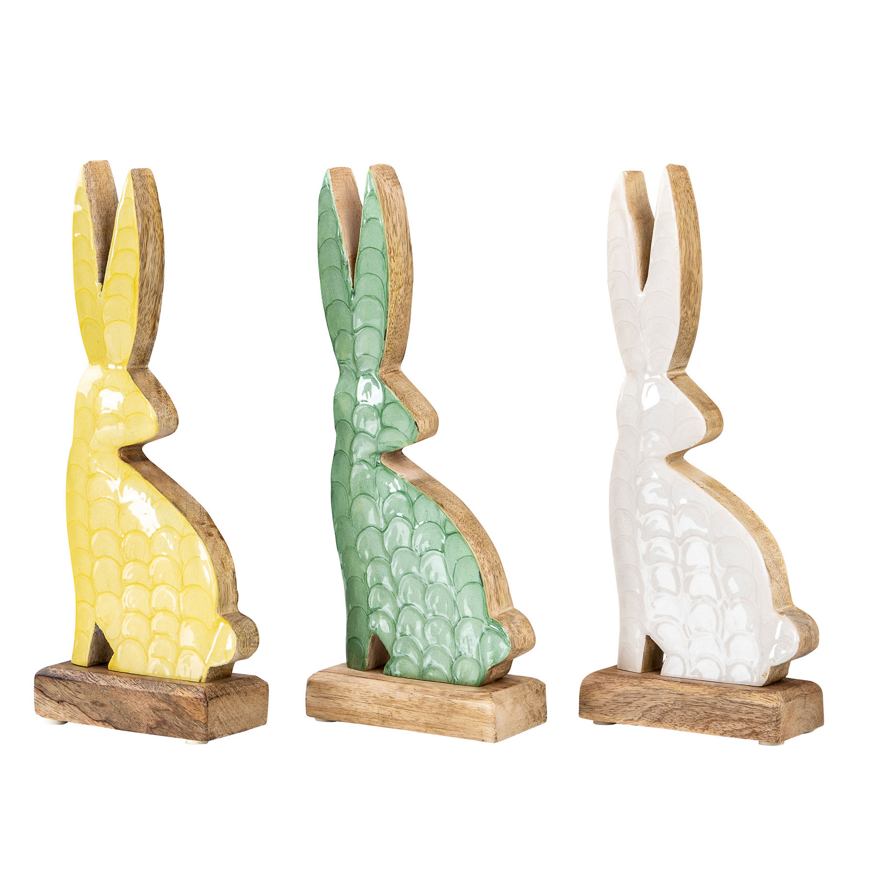 3er Set Hase Mangoholz H28cm Grün Gelb Weiß Deko Aufsteller Ostern Tischdeko
