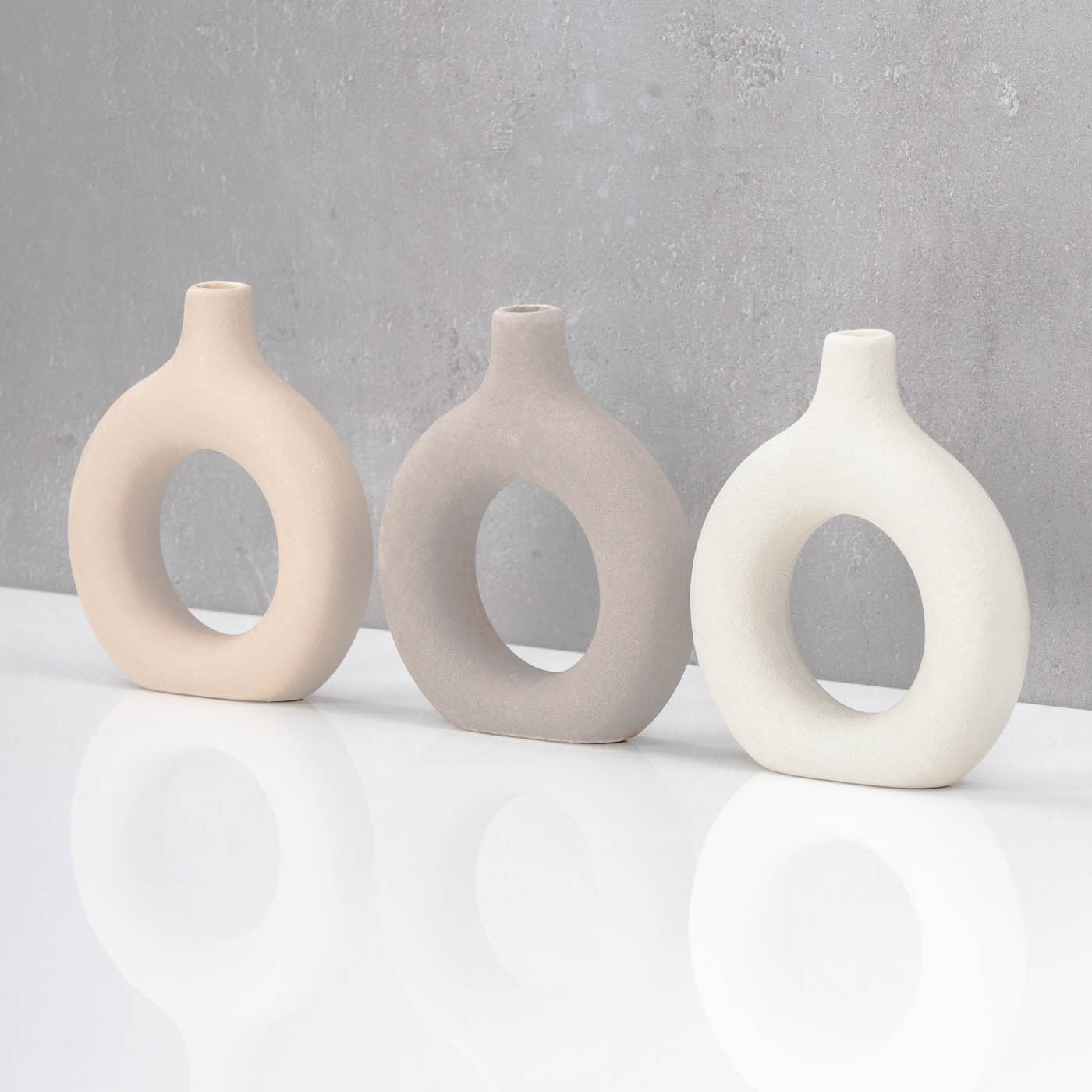 3er Set Donut Vase H12cm Keramik Beige Blumenvase Rund Dekovase Tischdeko Deko