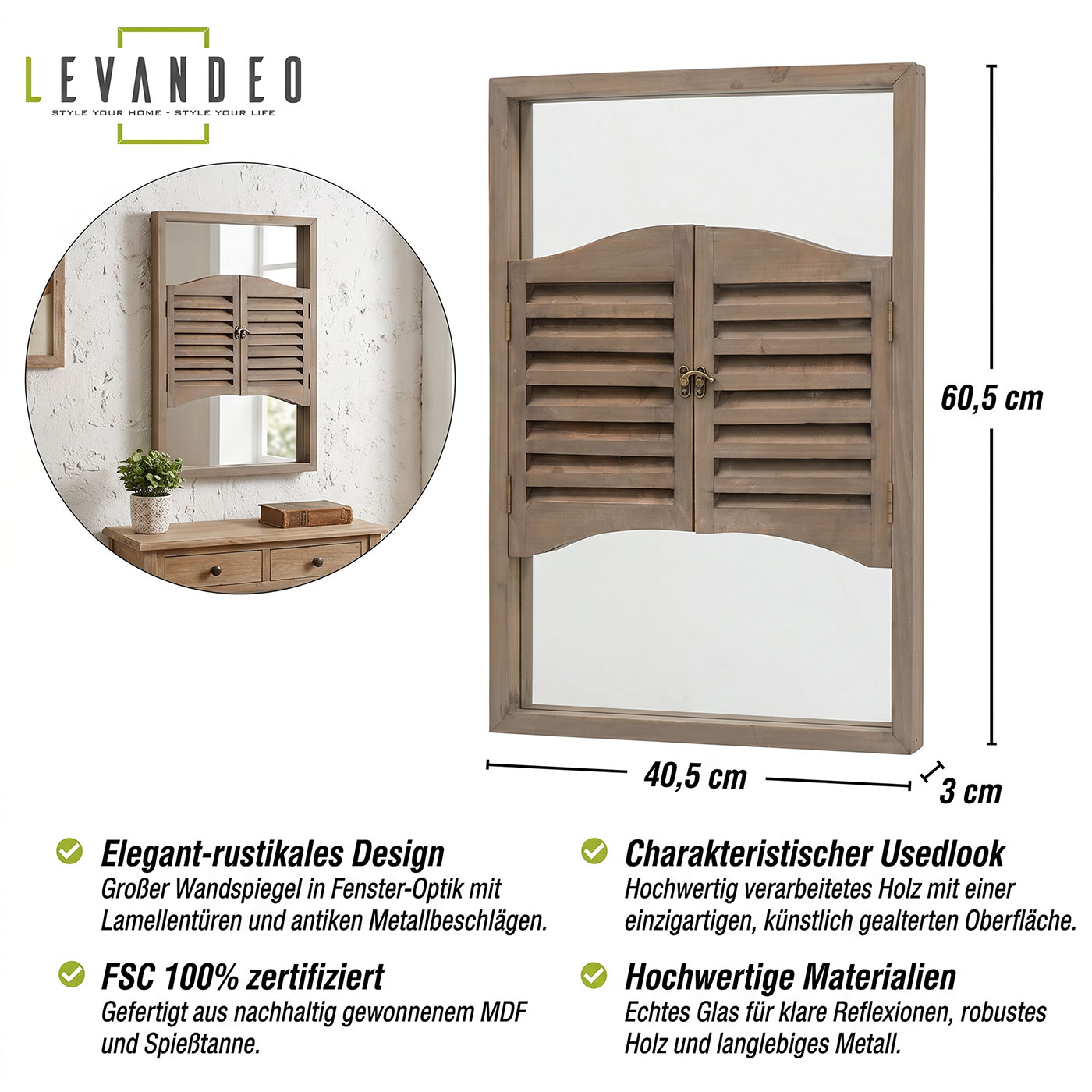 Wandspiegel Spiegel Fenster H60cm Holz Braun Shabby Chic Vintage Wanddeko Deko