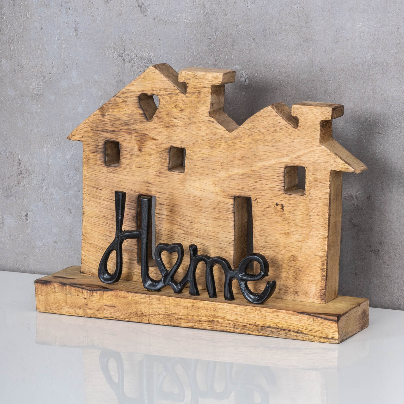 Aufsteller Haus H20cm Home Schwarz Mango Metall Schriftzug Holz Deko Tischdeko