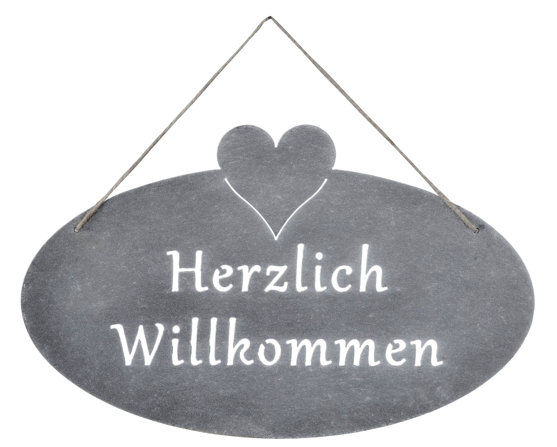 Schild Willkommen Herz 40x25cm Eisen Garten-Deko Grau Türschild Wandschild