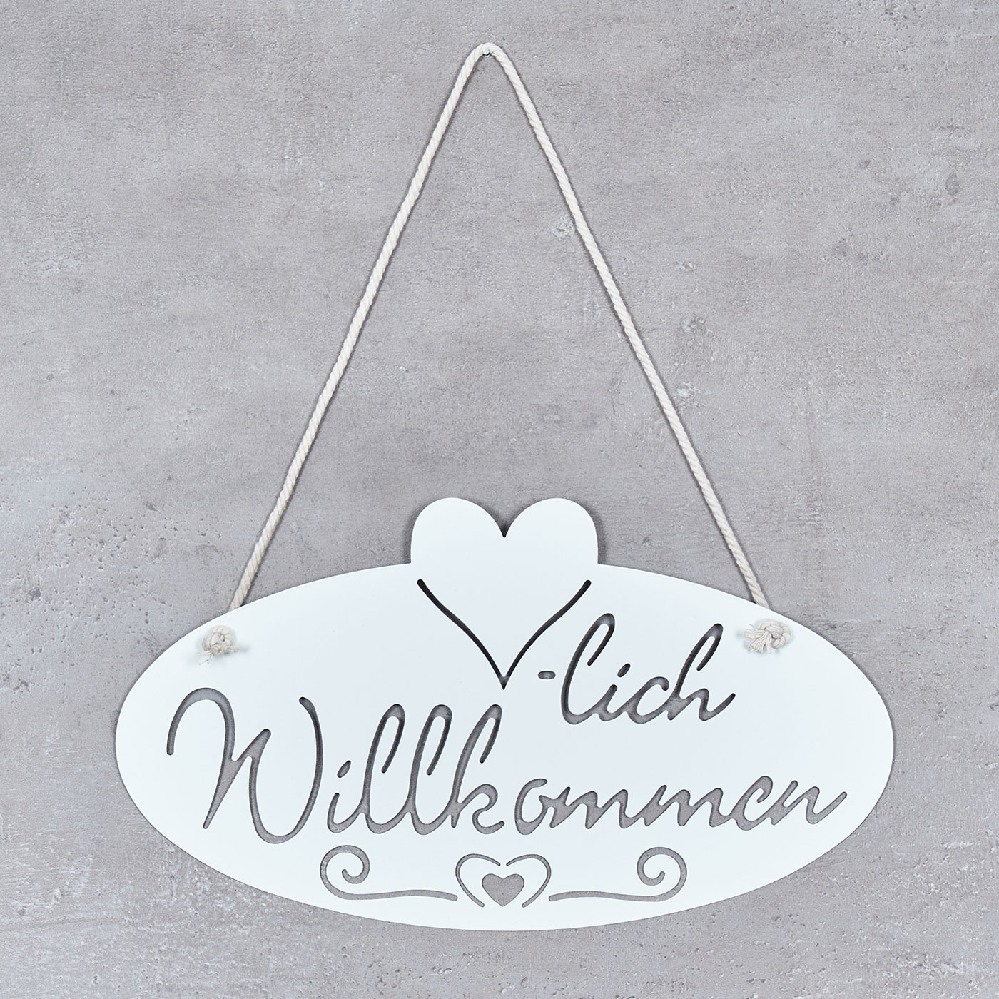 Schild Willkommen Herz 28,5x16cm Garten-Deko Türschild Weiß Wandbild Aufhänger