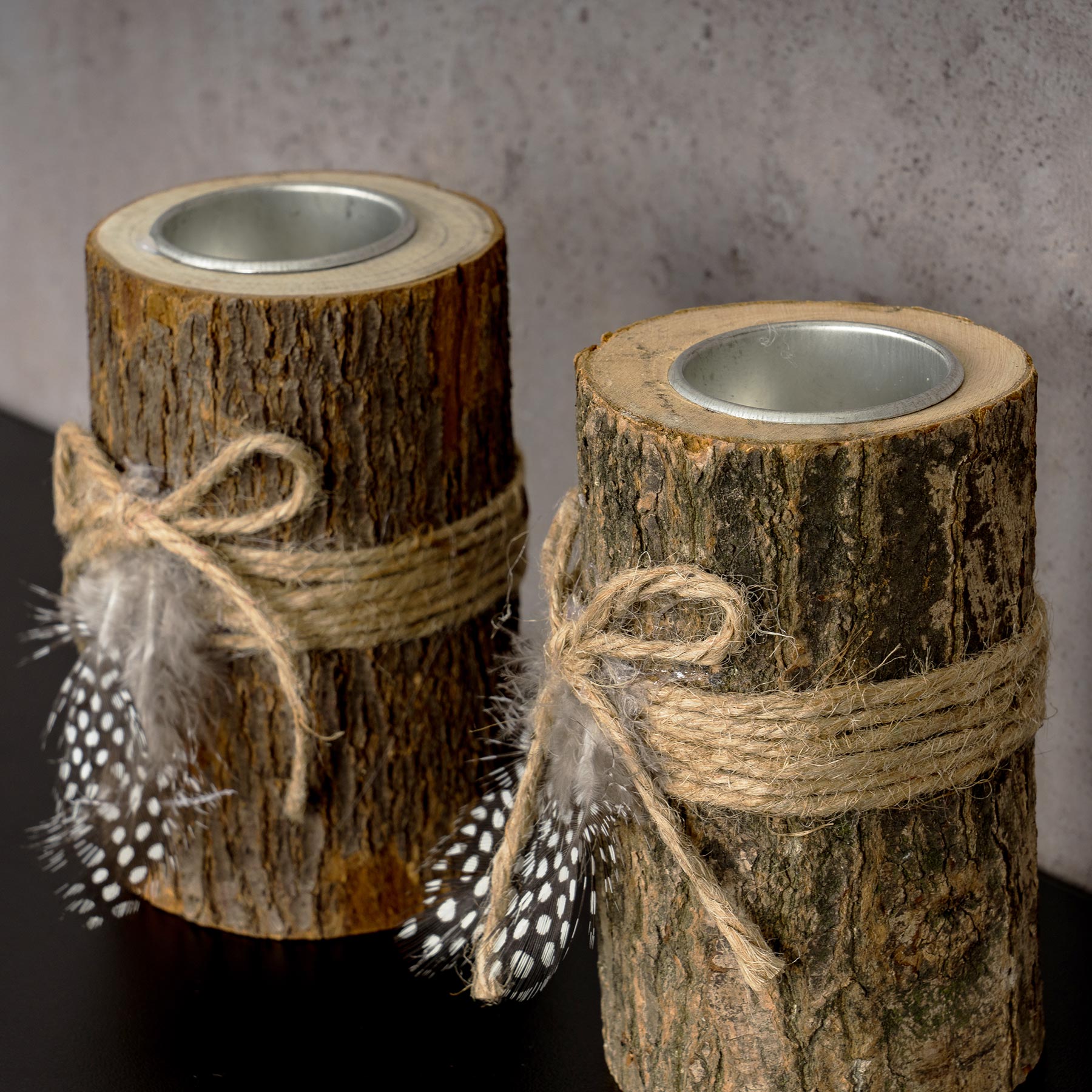 2er Set Teelichthalter Holz je 12cm hoch Kerzenhalter Federn Kerzenständer